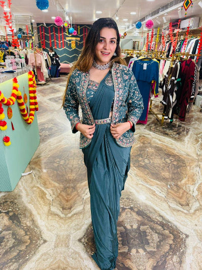 Stylish Teal Green Indo Western Saree Blouse & Koti Set - Ready to Wear Ethnic Outfit for Weddings, Parties & Festive Occasions