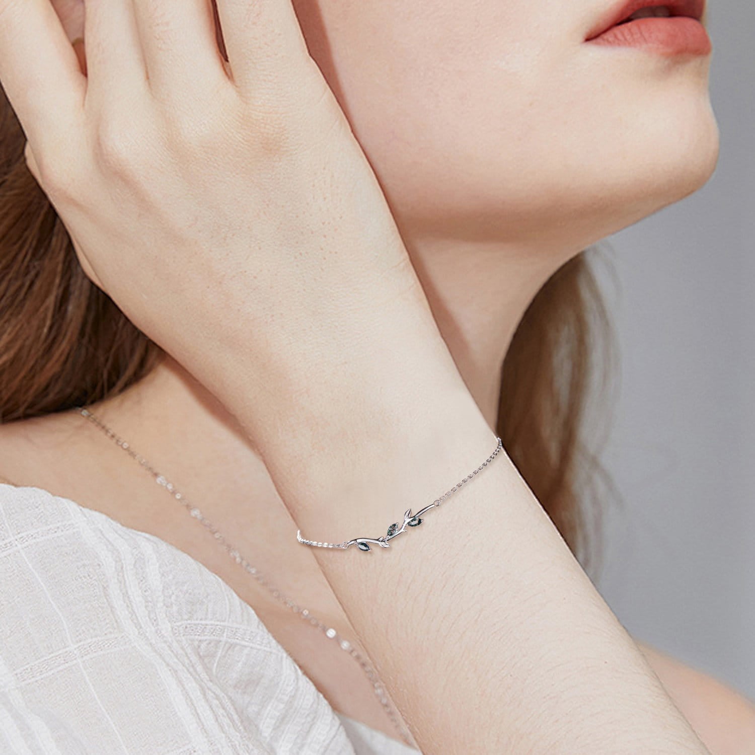 Elegant Marquise Cut Moss Agate Bracelet with Leaf Vine Design - Green Crystal Nature-Inspired Stackable Bracelet for Women | Perfect Anniversary Gift, Boho Jewelry for Everyday Wear & Special Occasions