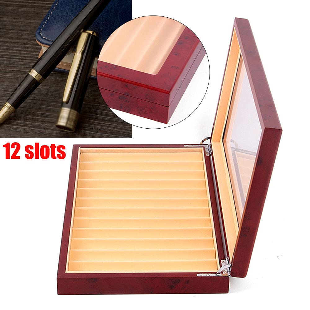 2-Layer Wooden Pen Display Box with Glass Window - 12 Slot Fountain Pen Organizer & Collector Storage Case for Writing, Calligraphy, and Office Use