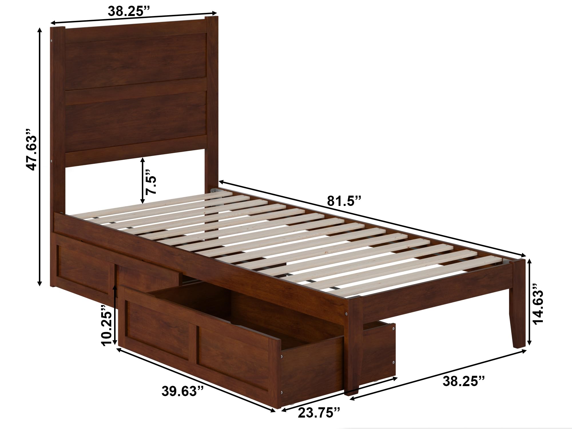 AFI NoHo Twin XL Platform Bed with Storage Drawers & USB Charging Station - Walnut Finish Space-Saving Bed Frame for Small Bedrooms, Dorms & Studio Apartments