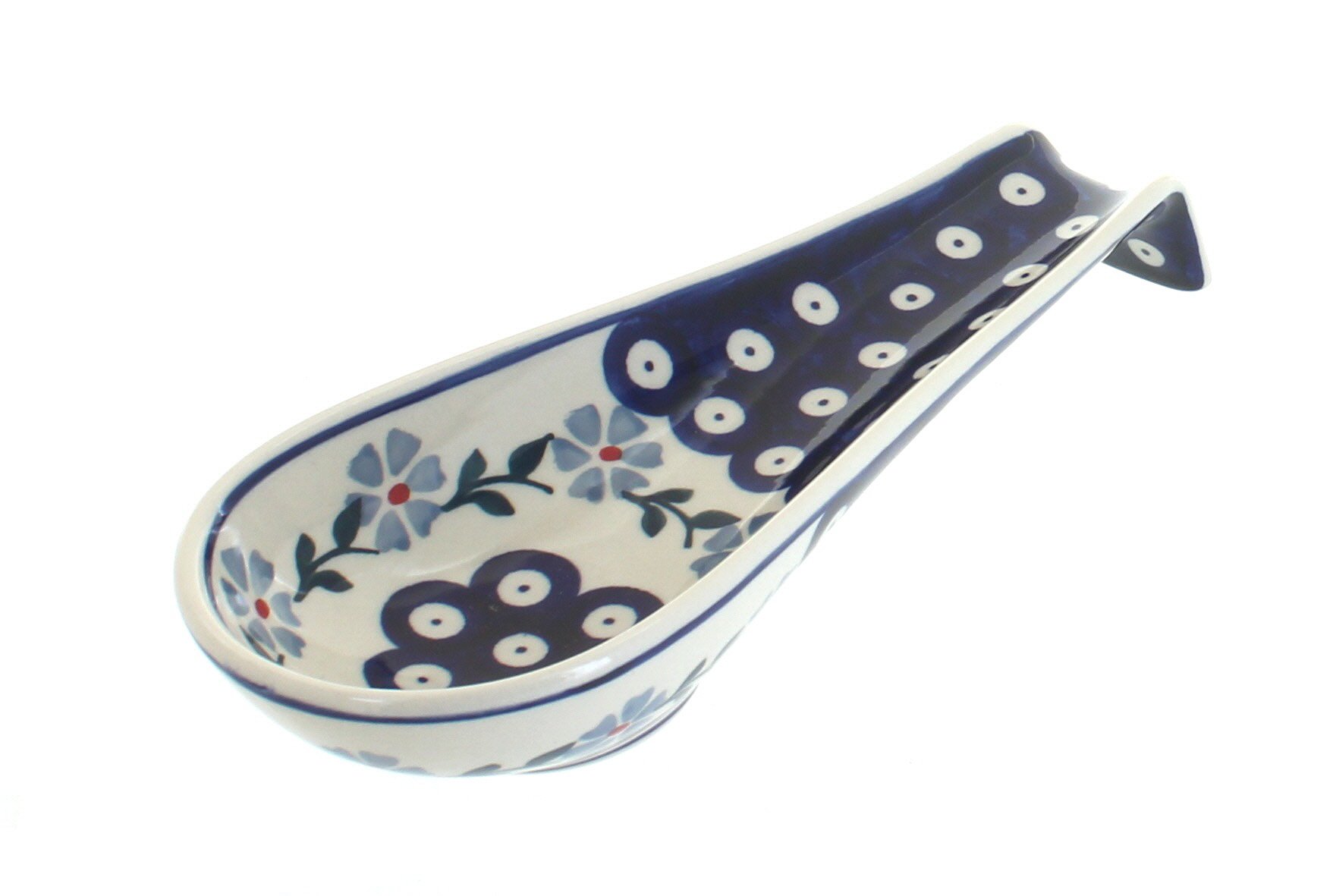 Handmade Blue Rose Polish Pottery Spoon Rest - Blue Violet Ceramic Kitchen Decor for Cooking & Serving - Perfect for Countertop, Stovetop, and Dining Table Use