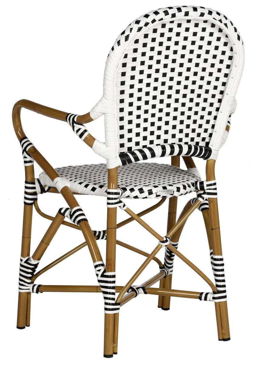 Black and White Stacking Bistro Armchair - Lightweight Outdoor Dining Chairs for Patio, Cafe, Restaurant & Garden - Stackable Metal Frame with Comfortable Seat