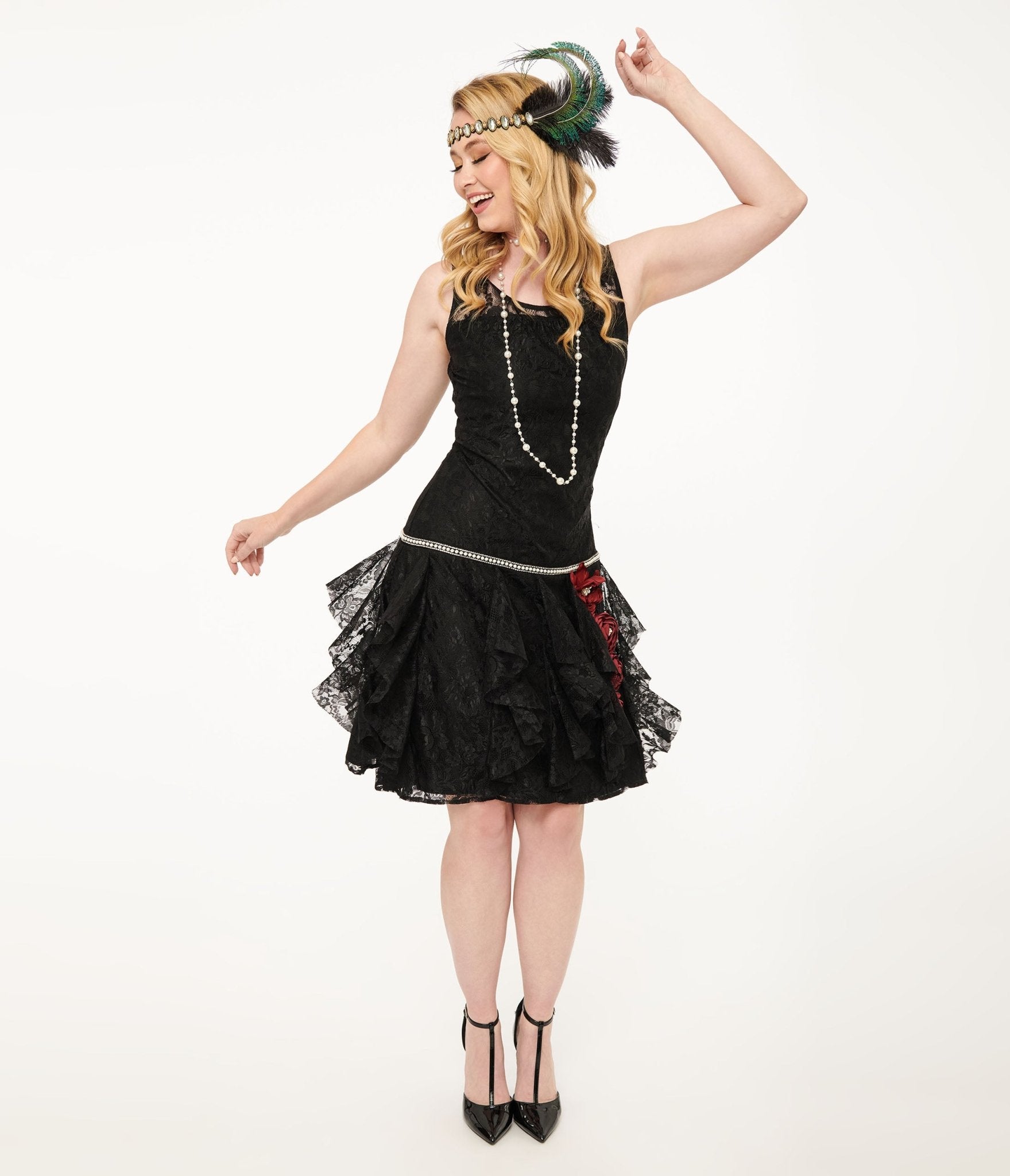 Vintage 1920s Black Lace Flapper Dress with Red Flowers & Ruffles - Perfect for Gatsby Parties, Roaring 20s Costumes and Vintage Themed Events