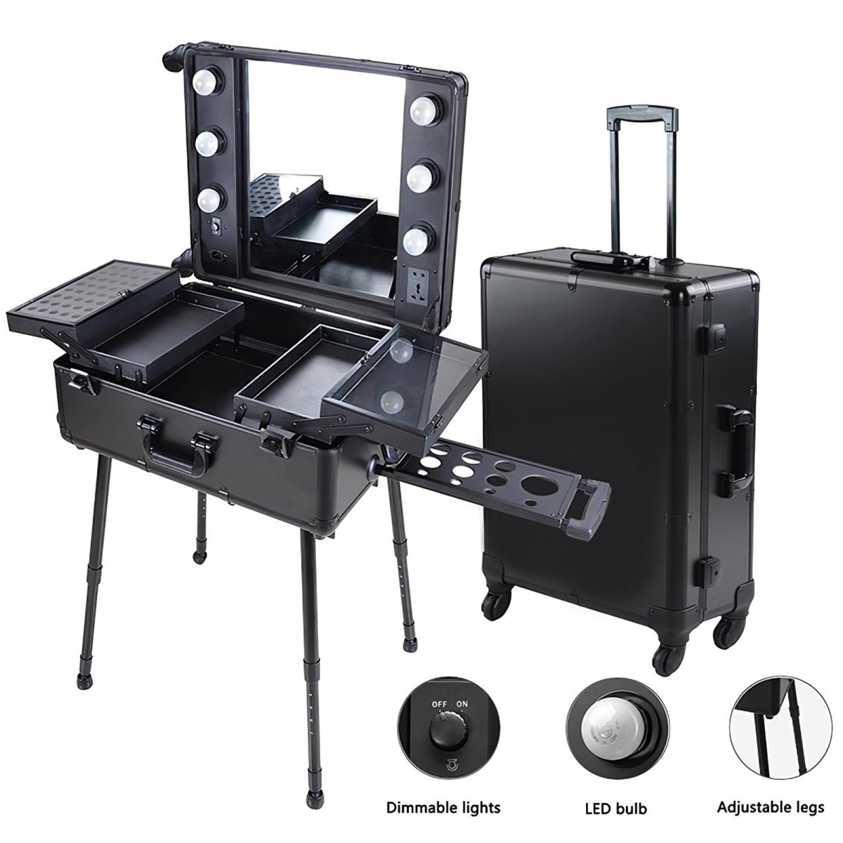 24 Inch Professional Makeup Rolling Case with LED Lights - Portable Cosmetic Organizer for Travel, Salon & Mobile Makeup Artists