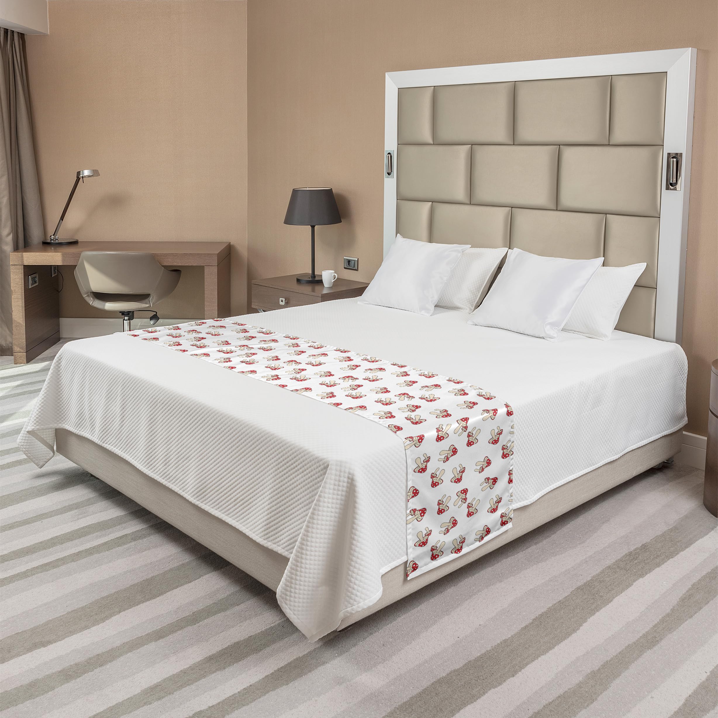 Ambesonne Mushroom Bed Runner - Botanical Polka Dot Decorative Bed Scarf for King Size Beds, Dark Pink Champagne | Perfect for Hotels, Homes & Guestrooms - Adds Elegant Touch to Bedroom Decor