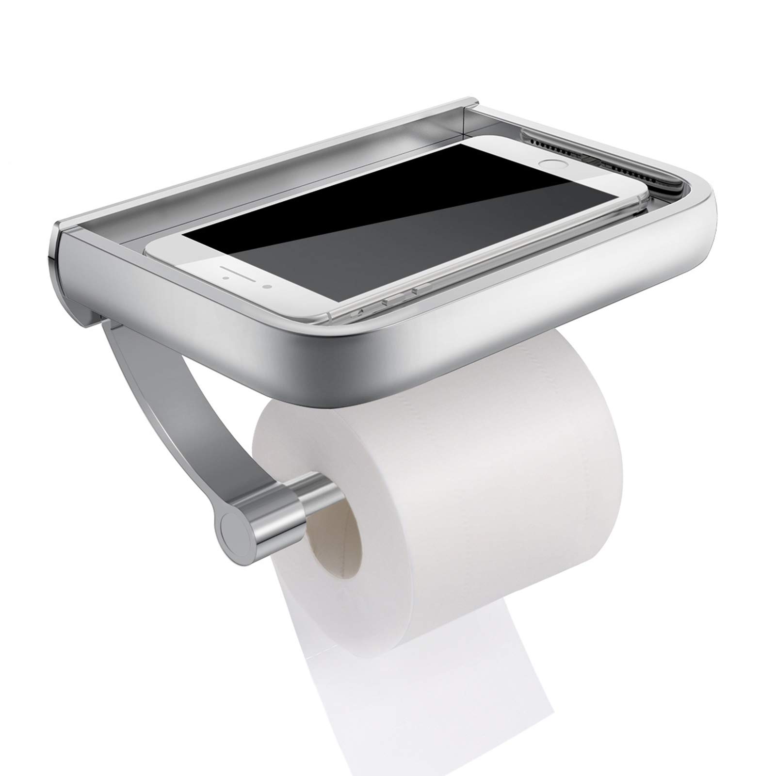 Wall Mounted Toilet Paper Holder with Phone Shelf - Rustproof Aluminum Bathroom Tissue Roll Stand for Screw Installation - Perfect for Small Bathrooms, Apartments & RVs (Silver)