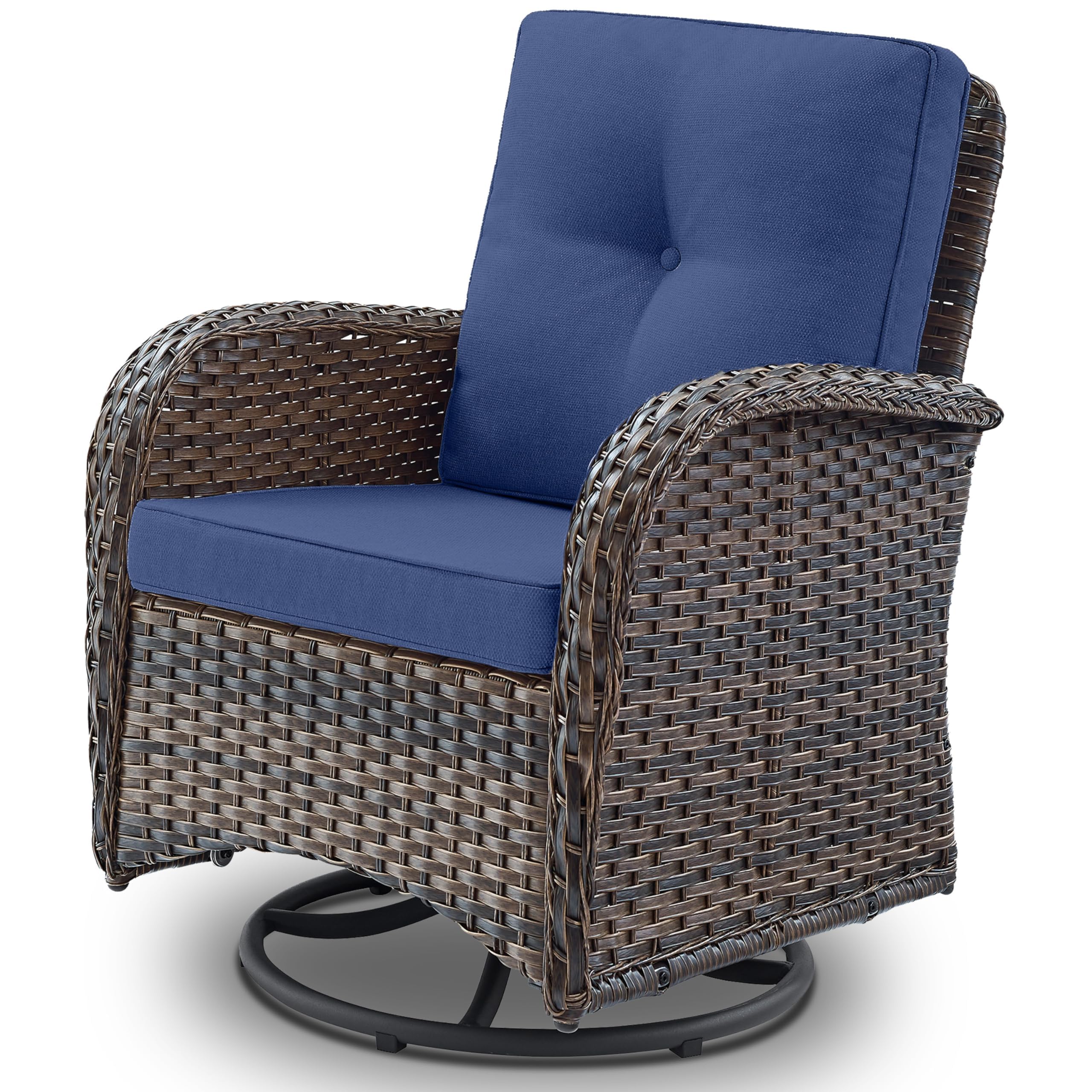 PE Wicker Patio Swivel Glider Chair with Cushions - Outdoor Rocking Chair for Porch, Deck & Balcony - Brown Wicker with Blue Cushion - Perfect for Relaxing, Sunbathing & Entertaining Guests