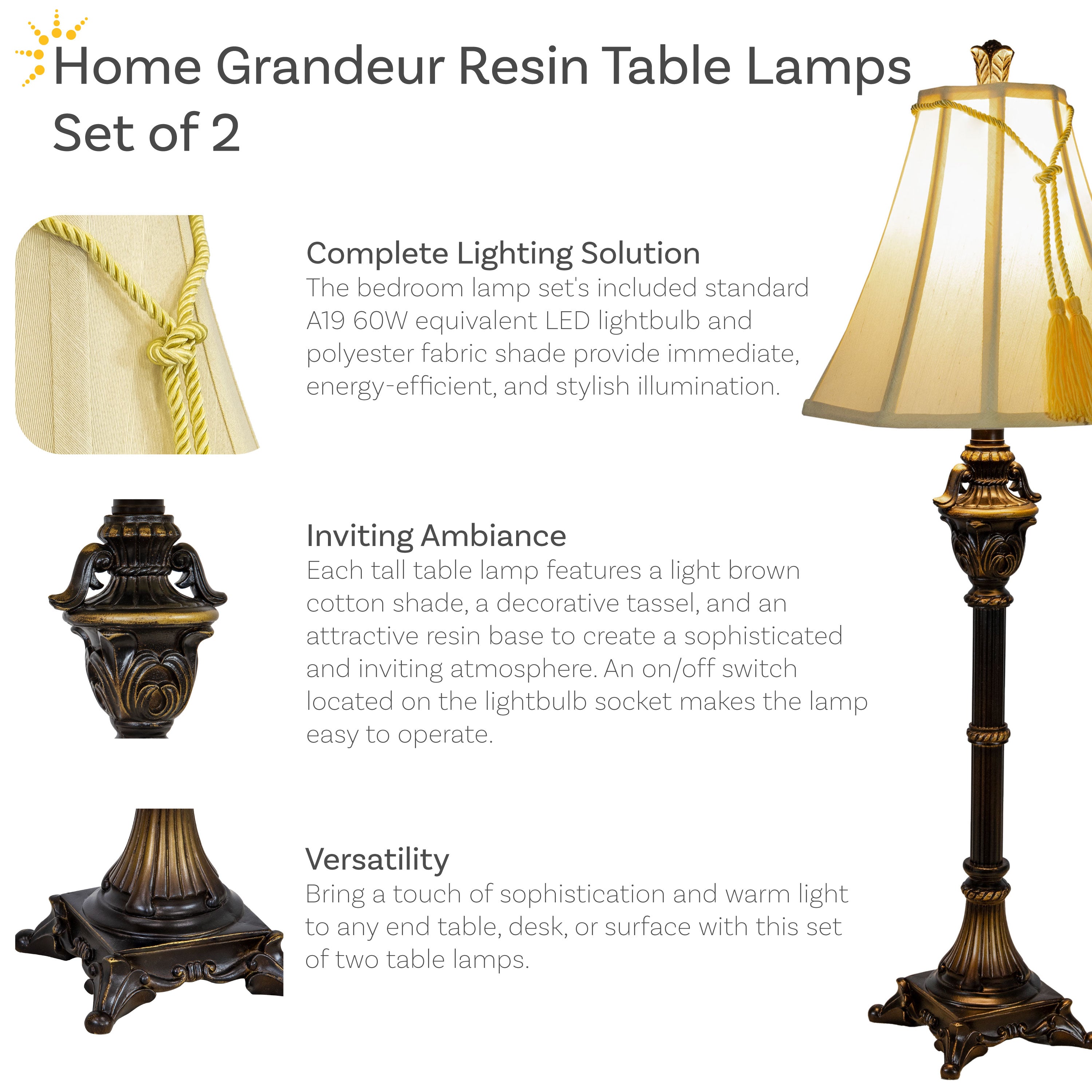 Sunnydaze Home Grandeur Resin Table Lamp Set of 2 - 28.75 Inch Height Modern Decorative Lighting for Living Room, Bedroom & Office