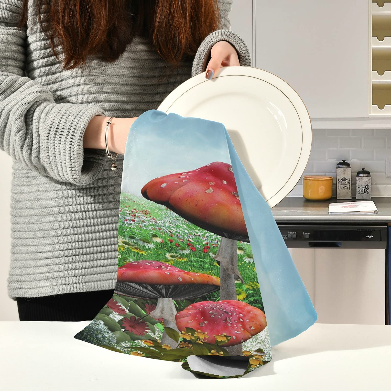 ALAZA Magic Red Mushroom Kitchen Towels Set of 4 - 18x28 Inch Absorbent Dish Cloths for Washing Dishes, Drying Hands & Kitchen Decor - Cute Tea Towels for Cooking, Baking & Home Decor