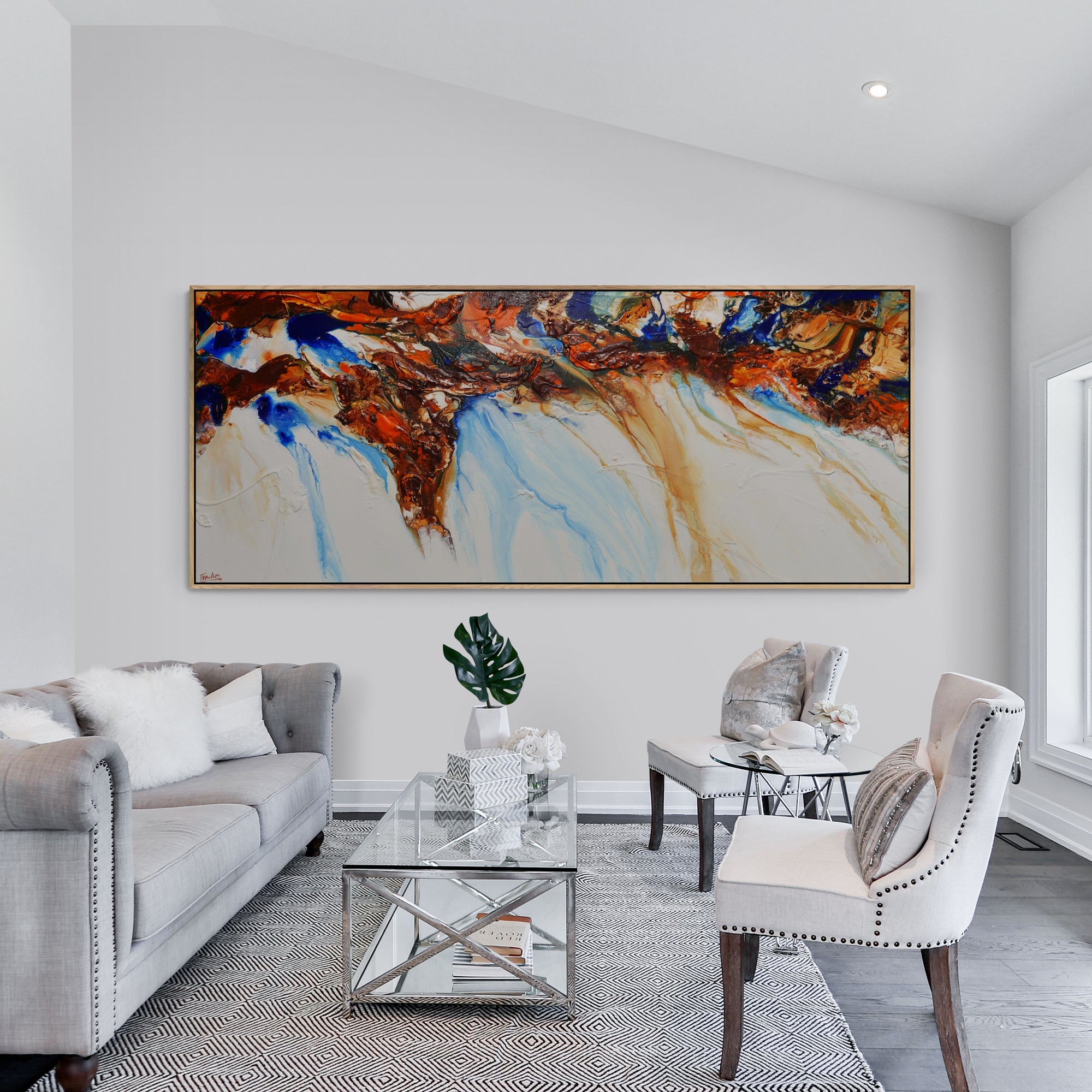 Sapphire Blue Coast 240cm x 100cm White Blue Ochre Textured Abstract Canvas Art - Modern Wall Decor for Living Room, Bedroom & Office