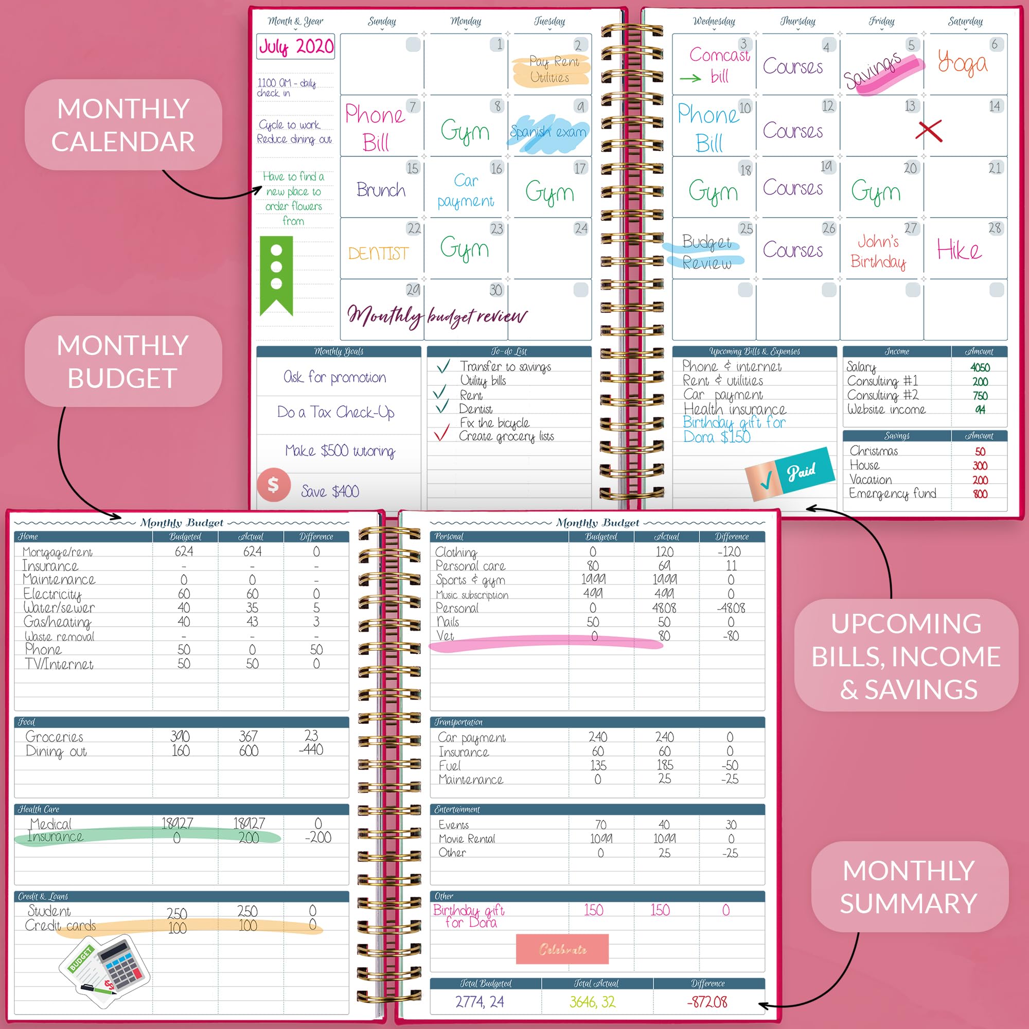 GoGirl Budget Planner - Monthly Bill Organizer with Pockets for Finance Tracking (Hot Pink)