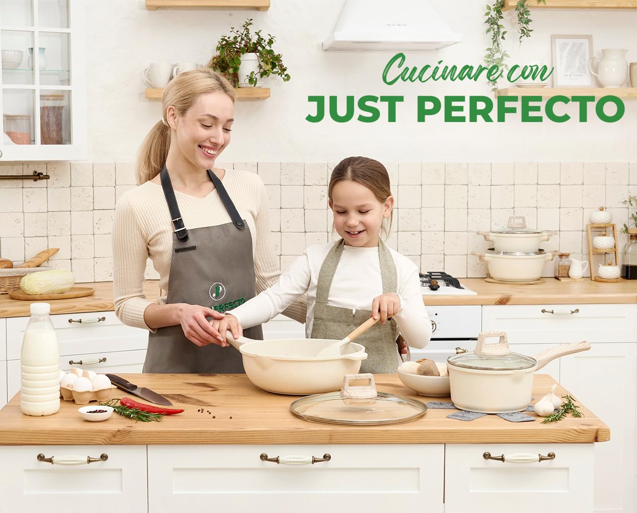 Just Perfecto 11-Piece Nonstick Cookware Set - Induction Compatible Pots and Pans with Removable Handles, Includes Saucepan, Skillet, Wok & Lids, Dishwasher Safe (Beige) - Perfect for Home Cooking, Meal Prep & Professional Chefs