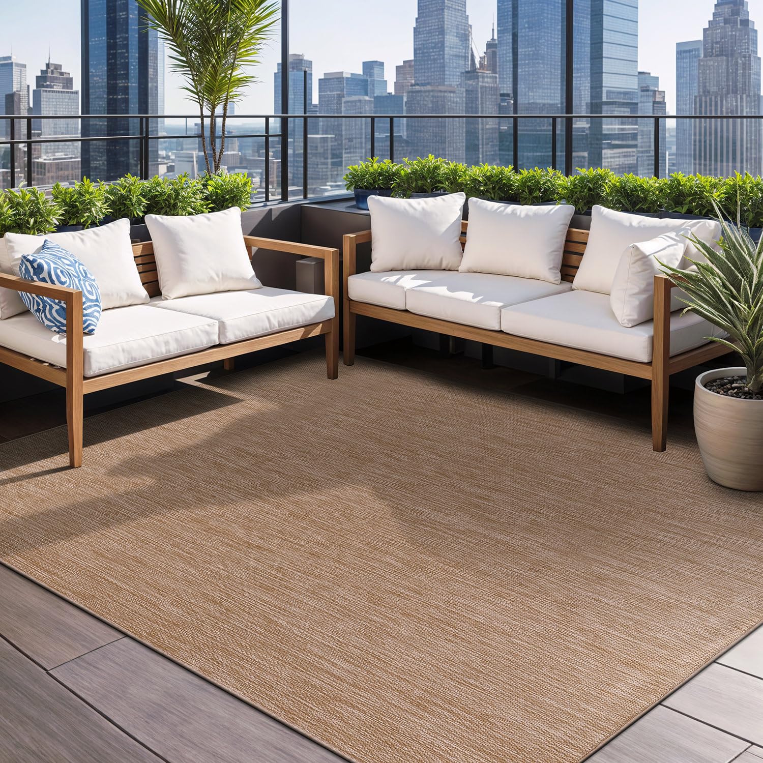 Beverly Indoor Outdoor Rug 6x9 - Washable Water Resistant Jute Beige Area Rug for Patio, Deck, Porch - Modern Solid Design for Home, Garden & Backyard Decor