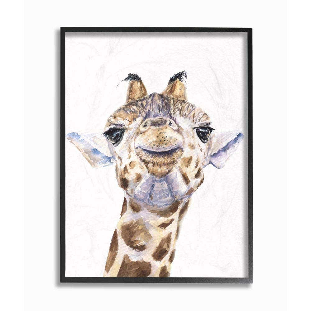 Stupell Industries Large Giraffe Face Head Animal Watercolor Painting - Black Framed Wall Art Decor, 16