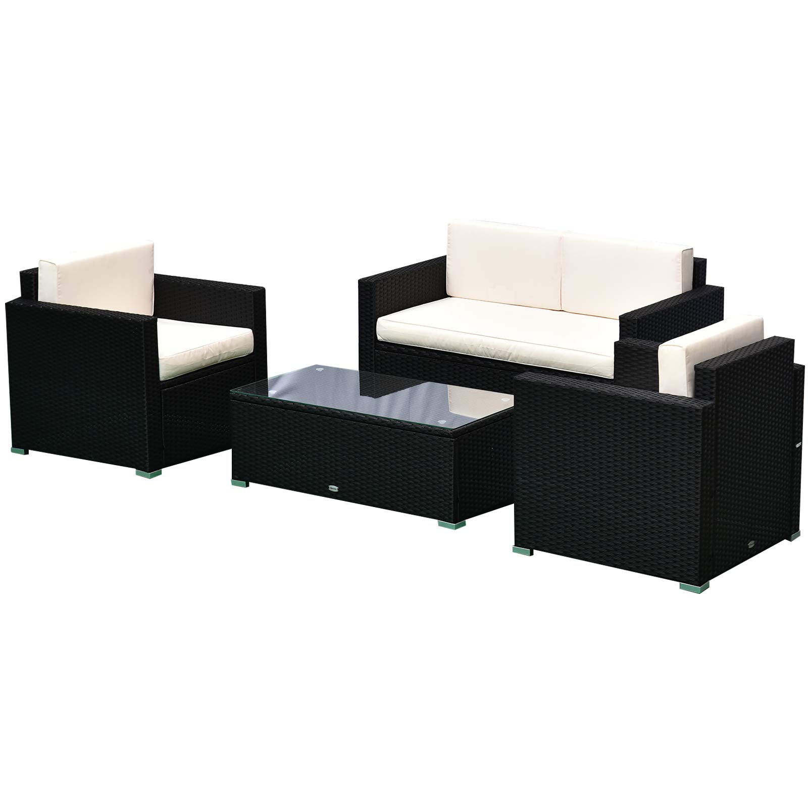 Outsunny 4-Piece Patio Furniture Set with Cushions - 2 Chairs, Loveseat & Glass Coffee Table - Black Rattan Wicker Outdoor Seating for Garden, Deck, Poolside & Backyard Relaxation
