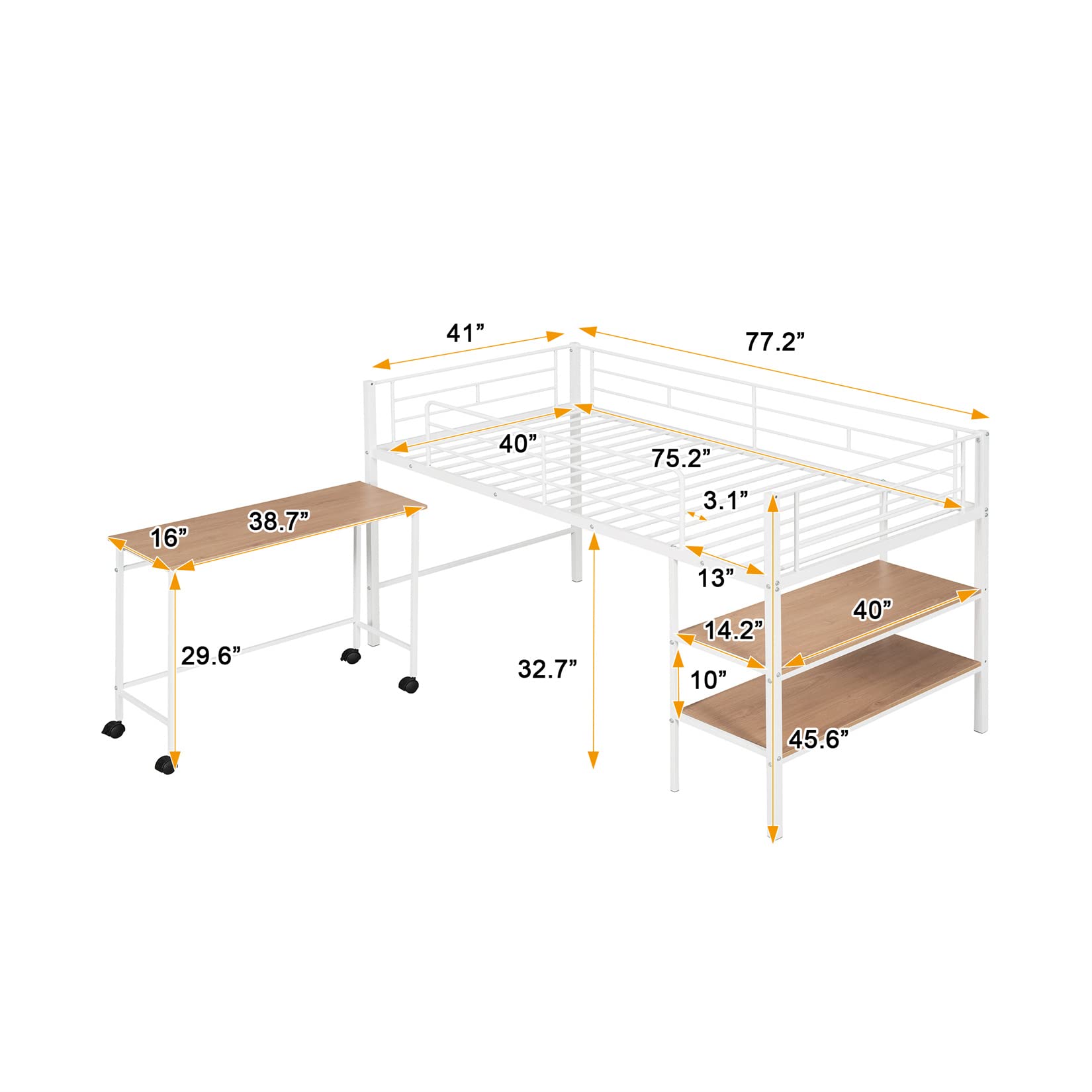 Harper & Bright Designs Low Loft Bed with Bookcase & Rolling Desk - Twin Size Metal Frame for Kids & Teens - Perfect for Small Bedrooms, Dorm Rooms & Study Spaces (White)