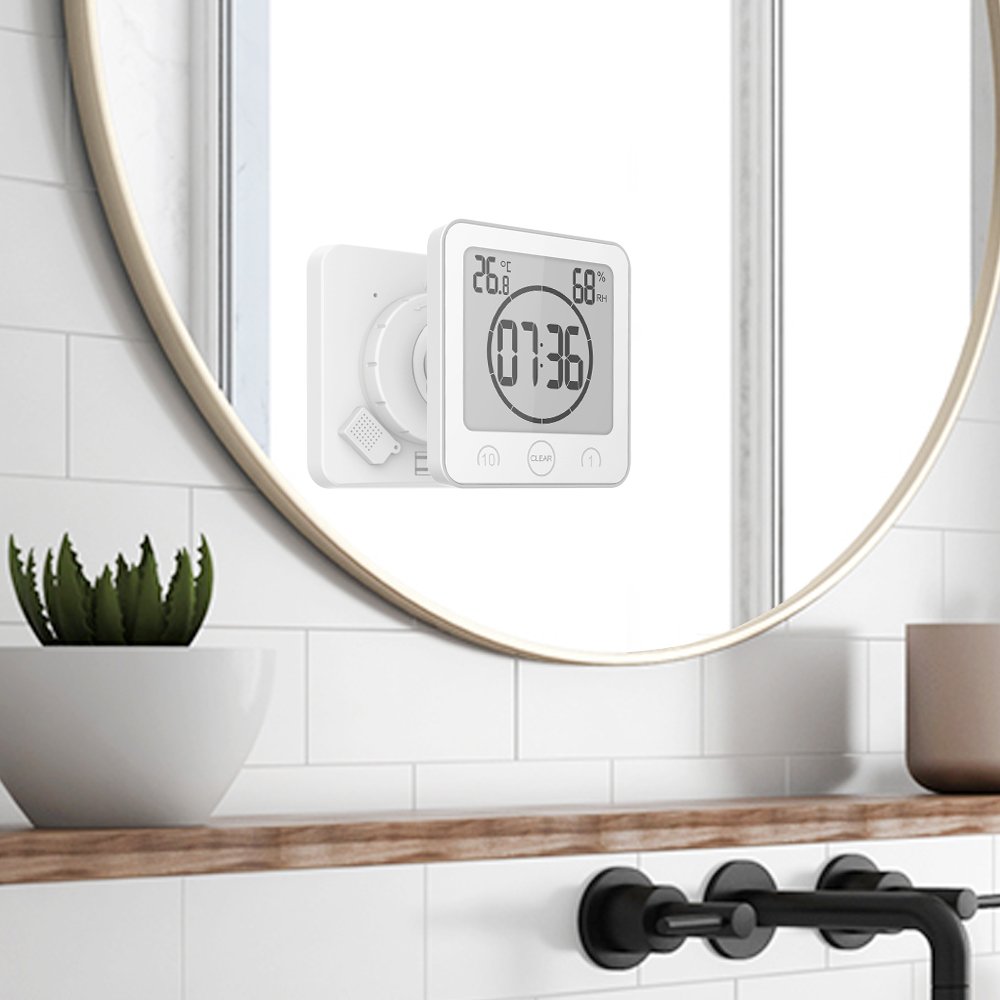 BALDR Digital Bathroom Clocks - 2 Pack Waterproof Shower Clock with Timer, Large LCD Display, Temperature & Humidity Sensor - White Wall Clock for Bathroom, Kitchen, Gym & Spa Use