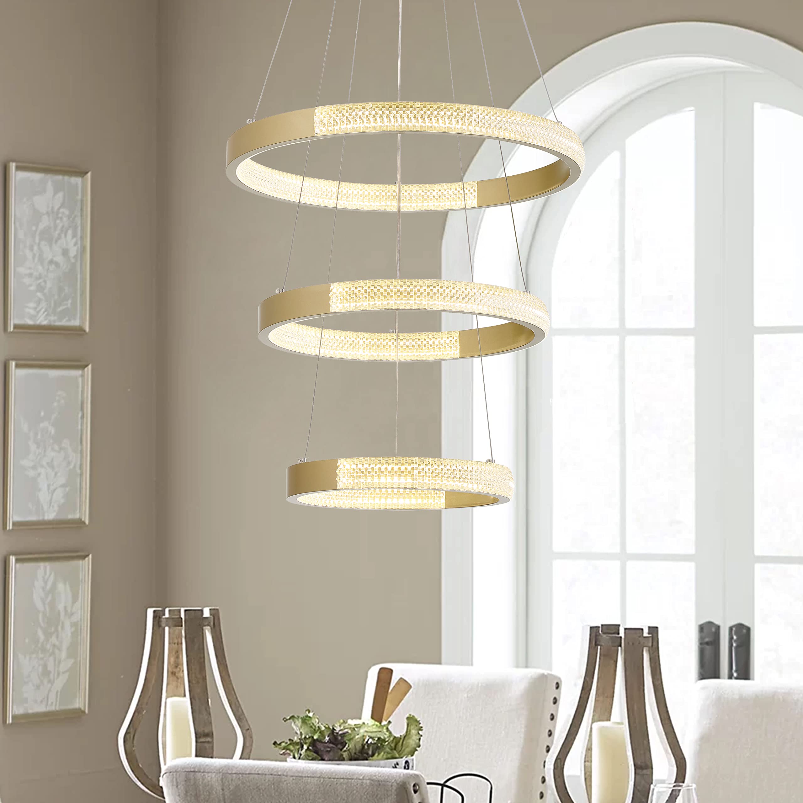 Vanity Art 3-Light Modern Tiered LED Chandelier - Gold Circular Hanging Ceiling Light Fixture for Dining Room, Living Room, Bedroom & Kitchen | Elegant Home Decor Lighting for Parties & Romantic Dinners (SYLED1013-BD)