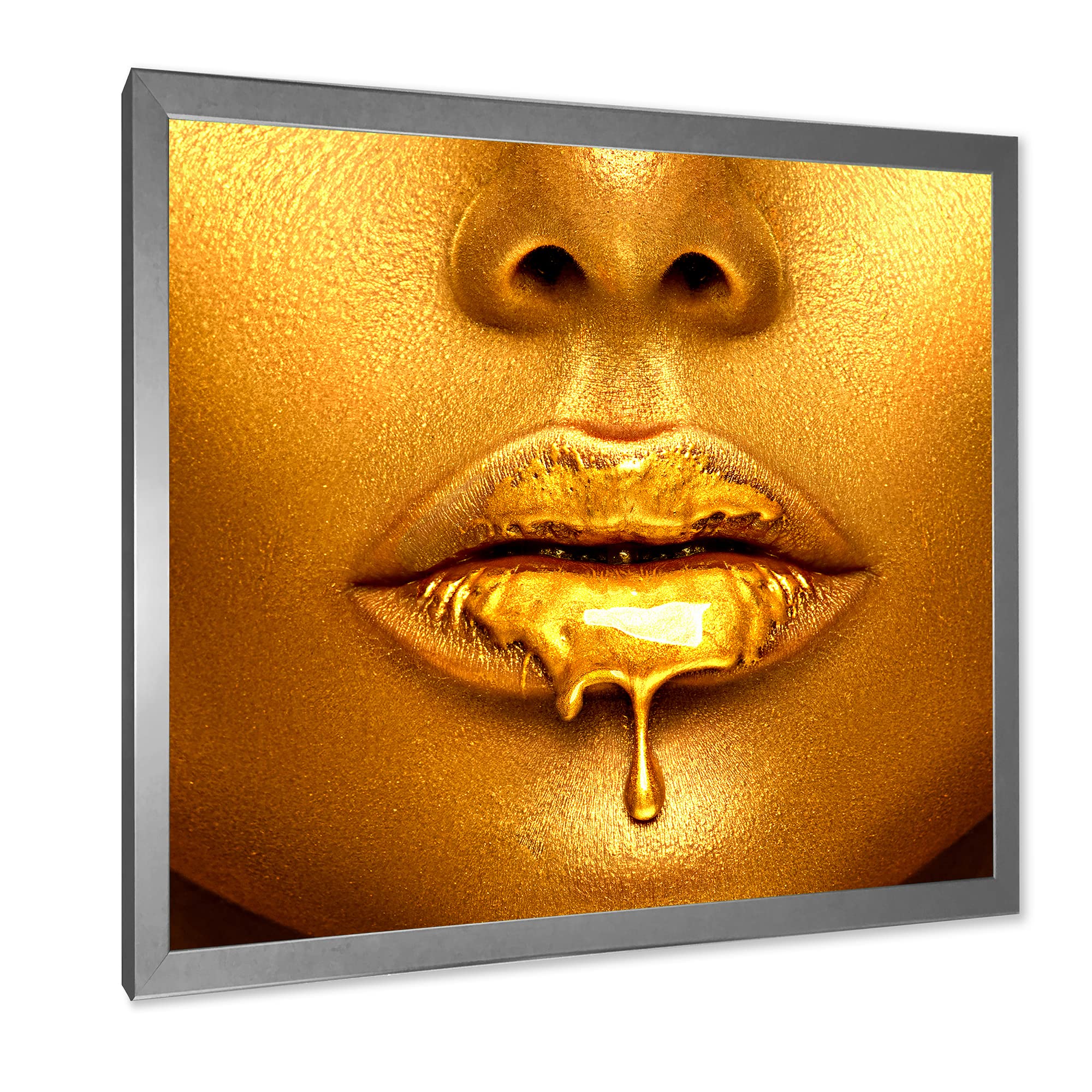 DesignQ Gold Paint Drips From Sexy Woman Lips Modern Framed Wall Art - Contemporary Home Decor for Living Room, Bedroom & Office