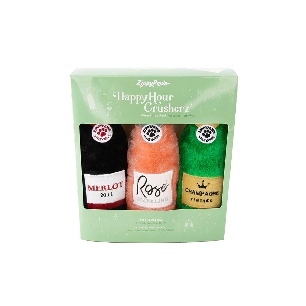 ZippyPaws Happy Hour Crusherz Dog Toys - 3-Pack Crinkle & Squeaky No-Stuffing Pet Toys for Small & Large Dogs | Wine-Themed Interactive Play for Indoor & Outdoor Fun