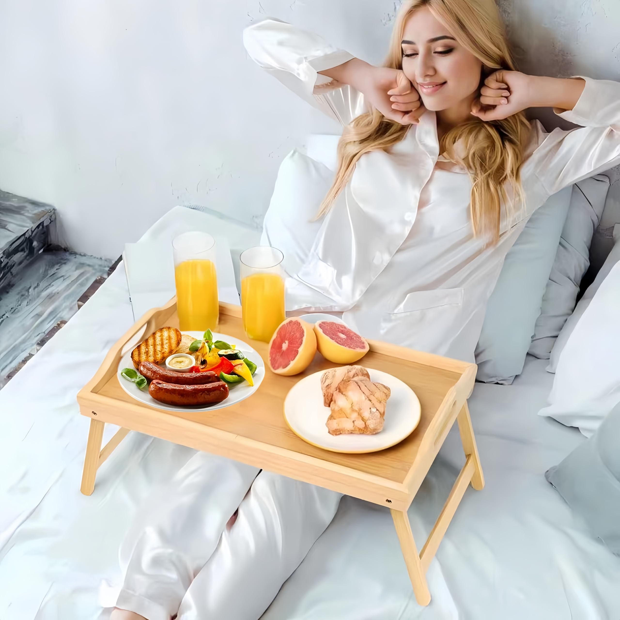 Foldable Wooden Bed Tray with Adjustable Legs - Breakfast, Snack & Work Tray for Sofa, Bed or Lap Desk - Perfect for Eating, Working & Relaxing in Bed or Living Room