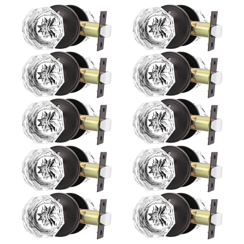 10 Pack Oil Rubbed Bronze Glass Door Knobs - Diamond Crystal Knob with Zinc Alloy Base - Keyless Privacy Interior Handles for Bedroom & Bathroom Doors - Vintage Style Hardware for Home Decor