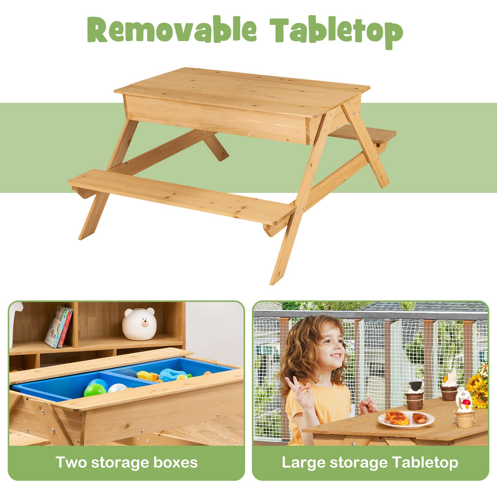 HONEY JOY Kids Picnic Table - 3-in-1 Convertible Sand & Water Play Table with 2 Storage Bins & Detachable Tabletop - Wooden Outdoor Bench Set for Backyard, Garden & Patio - Perfect for Toddler Activities, Sensory Play & Outdoor Fun