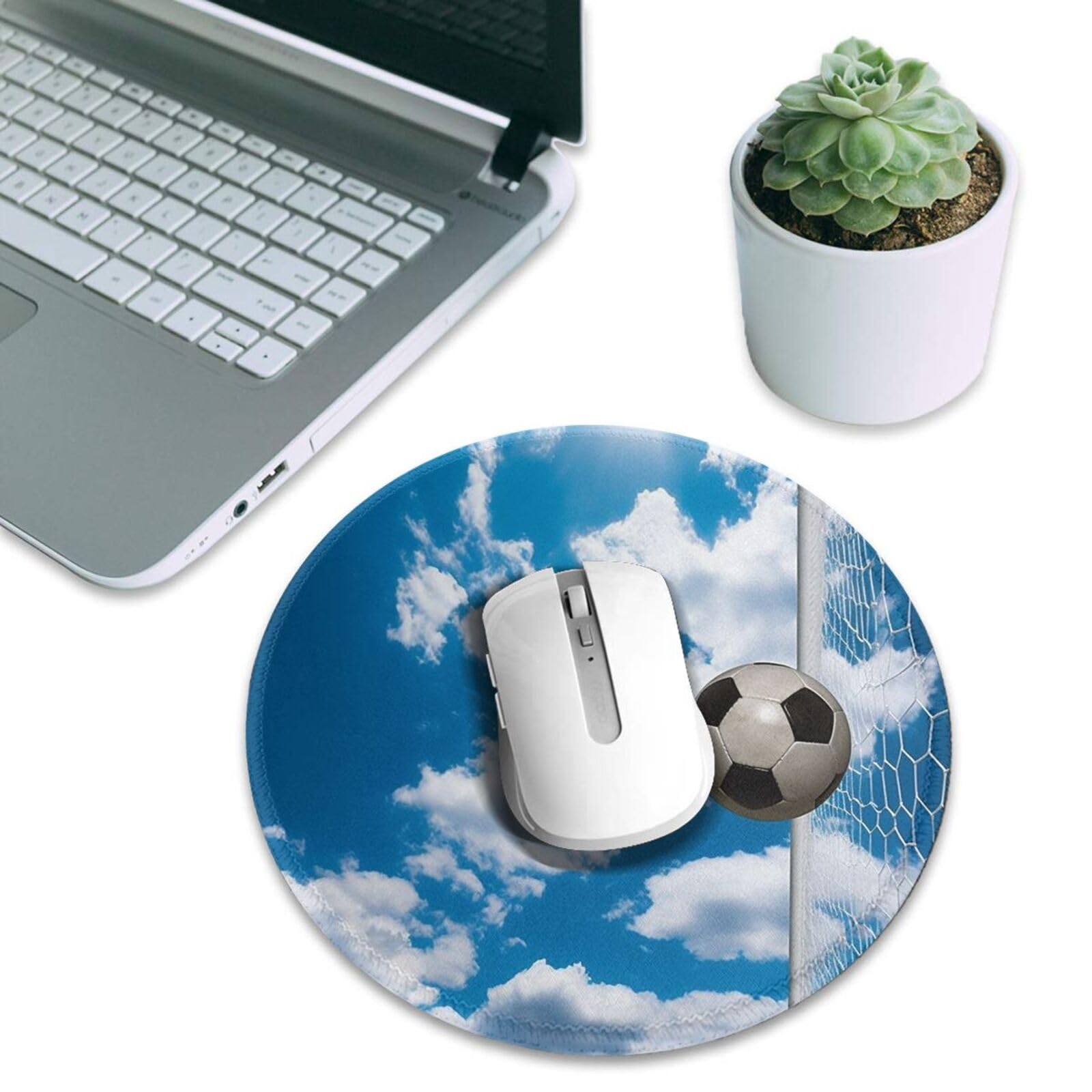 Non-Slip Football Blue-Sky Print Round Gaming Mouse Pad with Durable Stitched Edges - Ergonomic Rubber Base for PC, Laptop & Office Use - Perfect for Gamers, Work & Home Decor