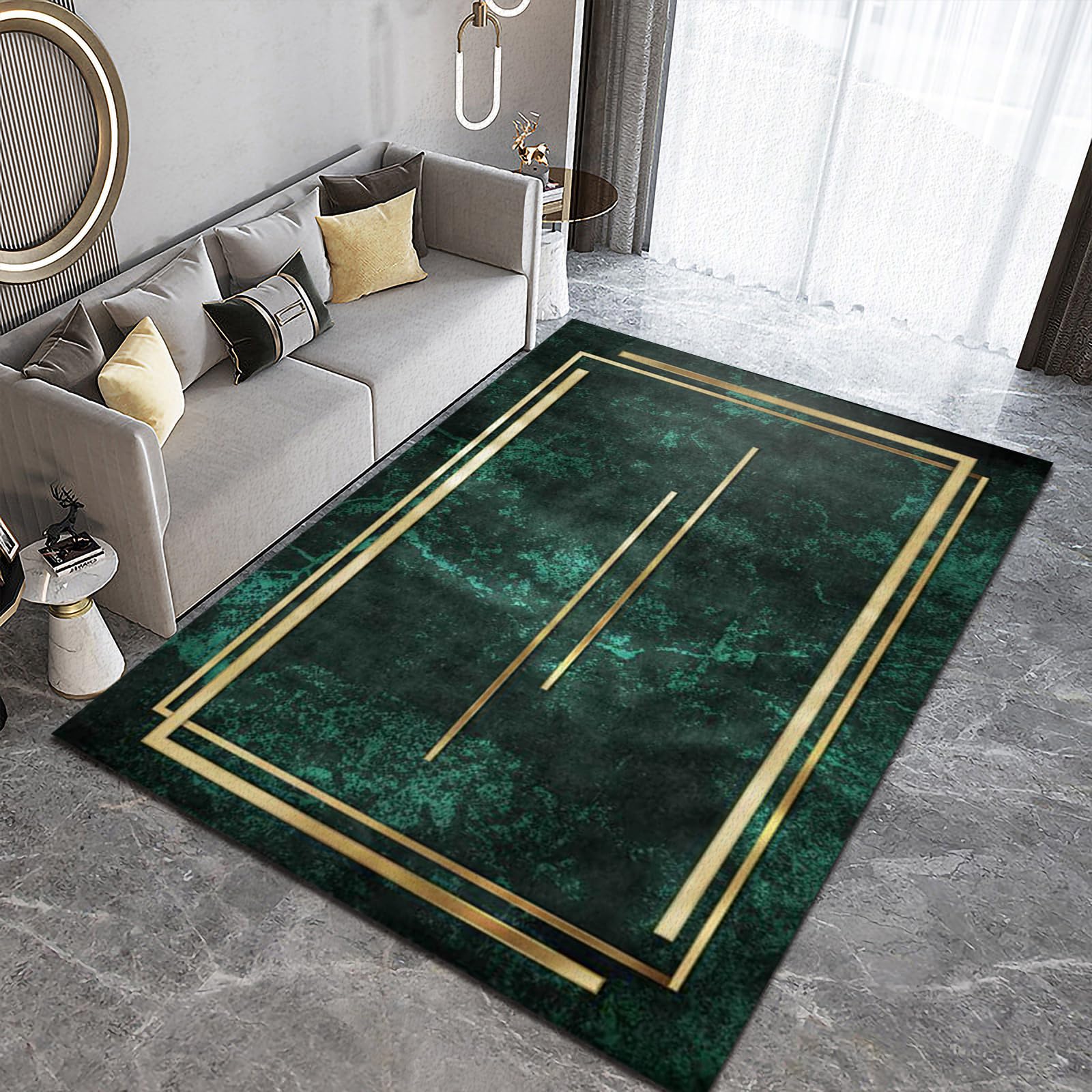 GIRTFU 8x10 Large Area Rugs - Emerald Green with Golden Geometric Lines, Fluffy Plush Rug for Living Room, Bedroom, Nursery | Non-Slip Backing, European Luxury Style | Perfect for Home Decor, Kids Room, and Cozy Spaces