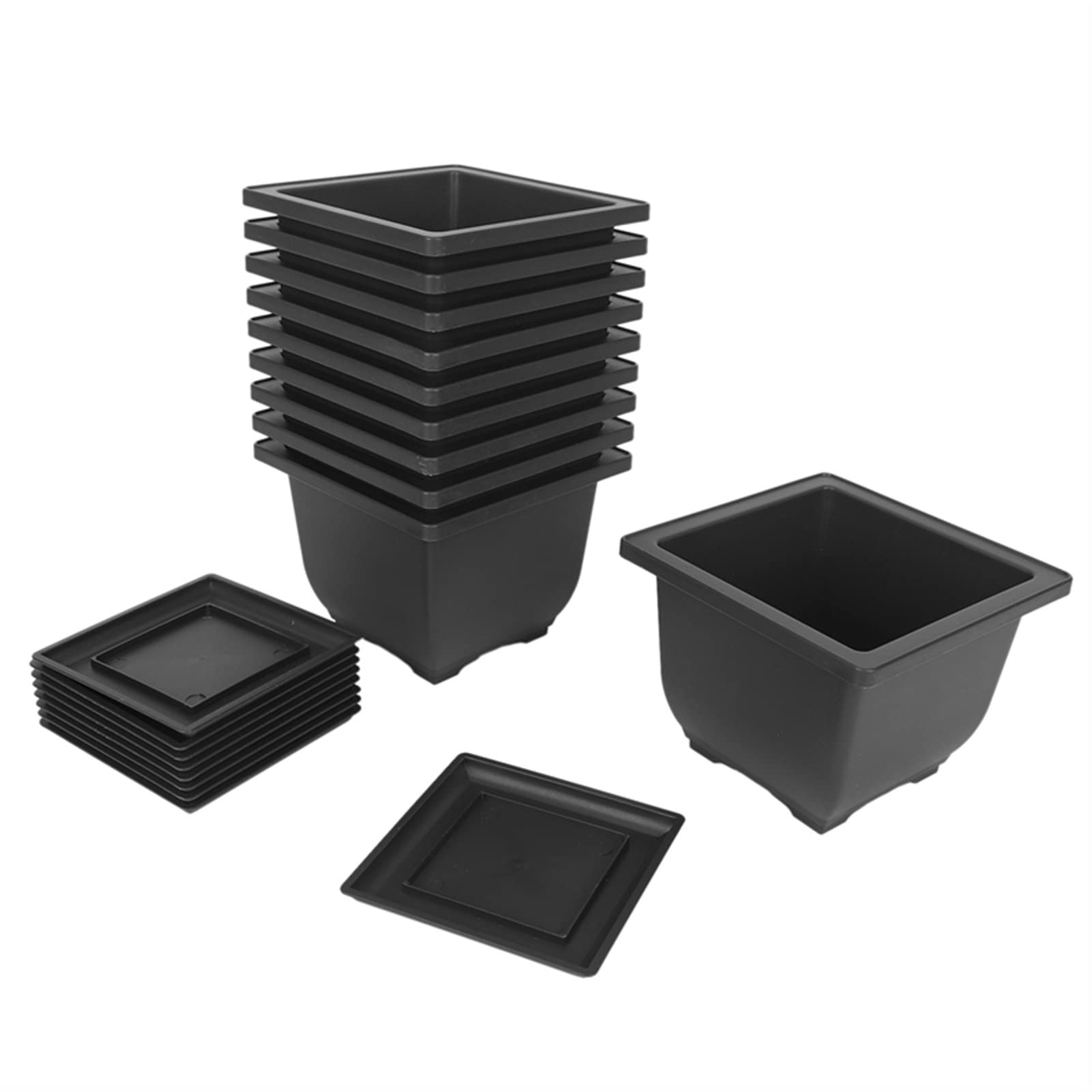 10 Pack 5.1 Inch Square Plastic Plant Pots with Drainage Holes & Saucers - Bonsai Training Pots, Succulent Planters, Flower Containers for Indoor/Outdoor Gardening, Home Decor, and Office Plants