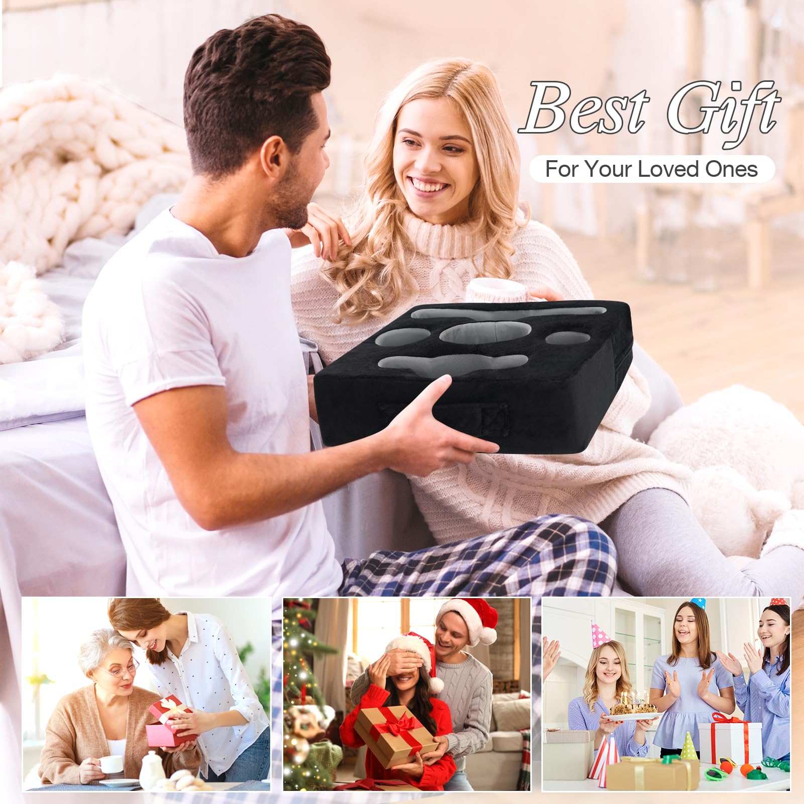STBoo Couch Cup Holder Pillow Tray - Sofa Drink Holder with Snack & Phone Organizer | Portable Multi-Use Bed Caddy for Remote, Beverage, Tablet | Perfect for Car, Beach, RV, Boat, Bedroom & Outdoor Activities (Black)