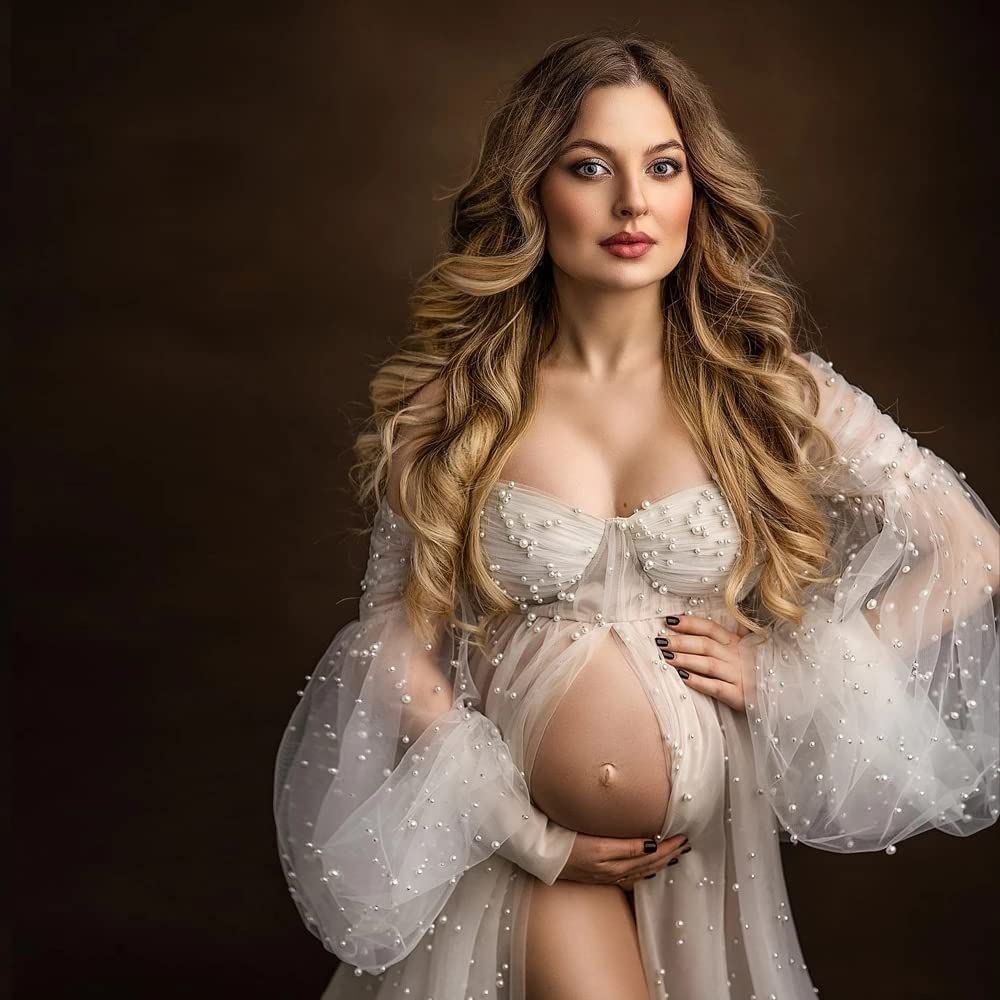 Elegant Pearl Embellished Tulle Maternity Dress with Long Puffy Sleeves - Perfect for Baby Showers, Pregnancy Photoshoots & Special Occasions | Flowy Maternity Gown for Stunning Maternity Pictures & Celebrations