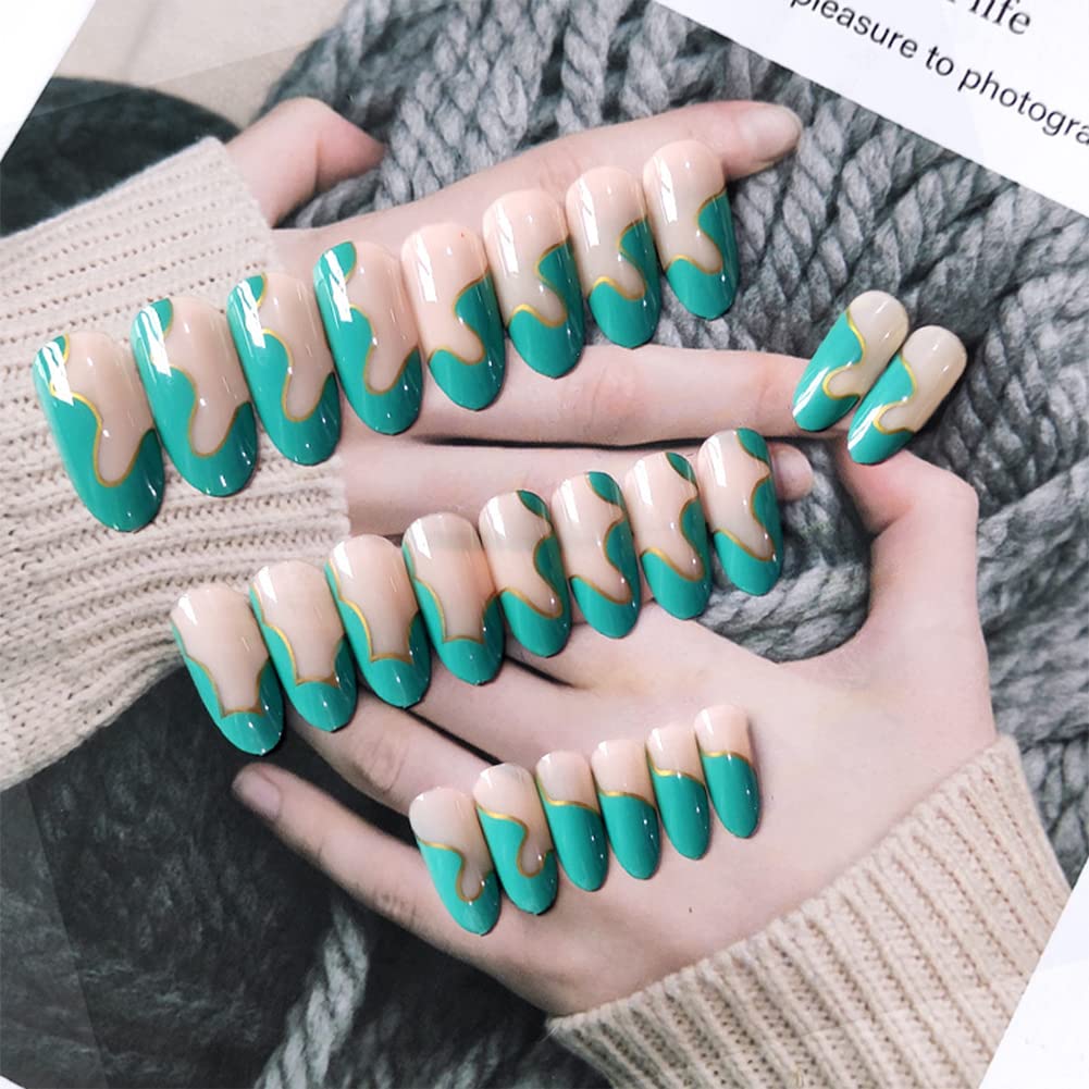 24Pcs Long Coffin Press on Nails - Glossy Ballerina Fake Nails with Lines Design, Full Cover Clip on Nails for Women & Girls | Perfect for Parties, Weddings & Daily Wear