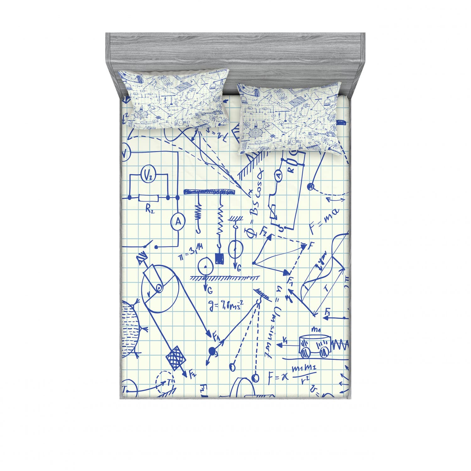 Ambesonne Physics Themed 2-Piece King Size Fitted Sheet Set with 4 Pillow Shams - Technical Formulas Print Bedding Collection in Ivory & Indigo - Perfect for Science Lovers' Bedroom Decor and STEM Themed Home Design
