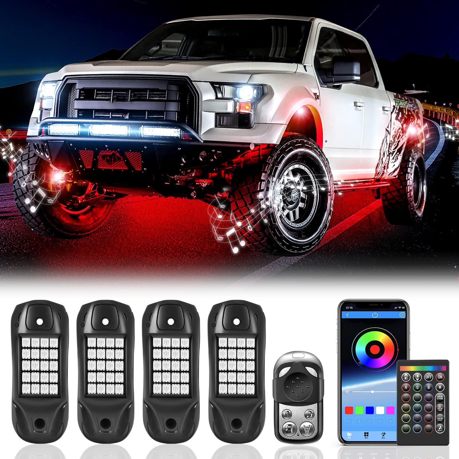MTMTA 4 Pods RGB LED Rock Lights with 80 LEDs - Music Sync, 16 Color Changing Modes, APP & Remote Control for Trucks, SUVs, ATVs, UTVs & Boats | Off-Road Lighting Kit for Night Rides, Car Shows & Outdoor Adventures