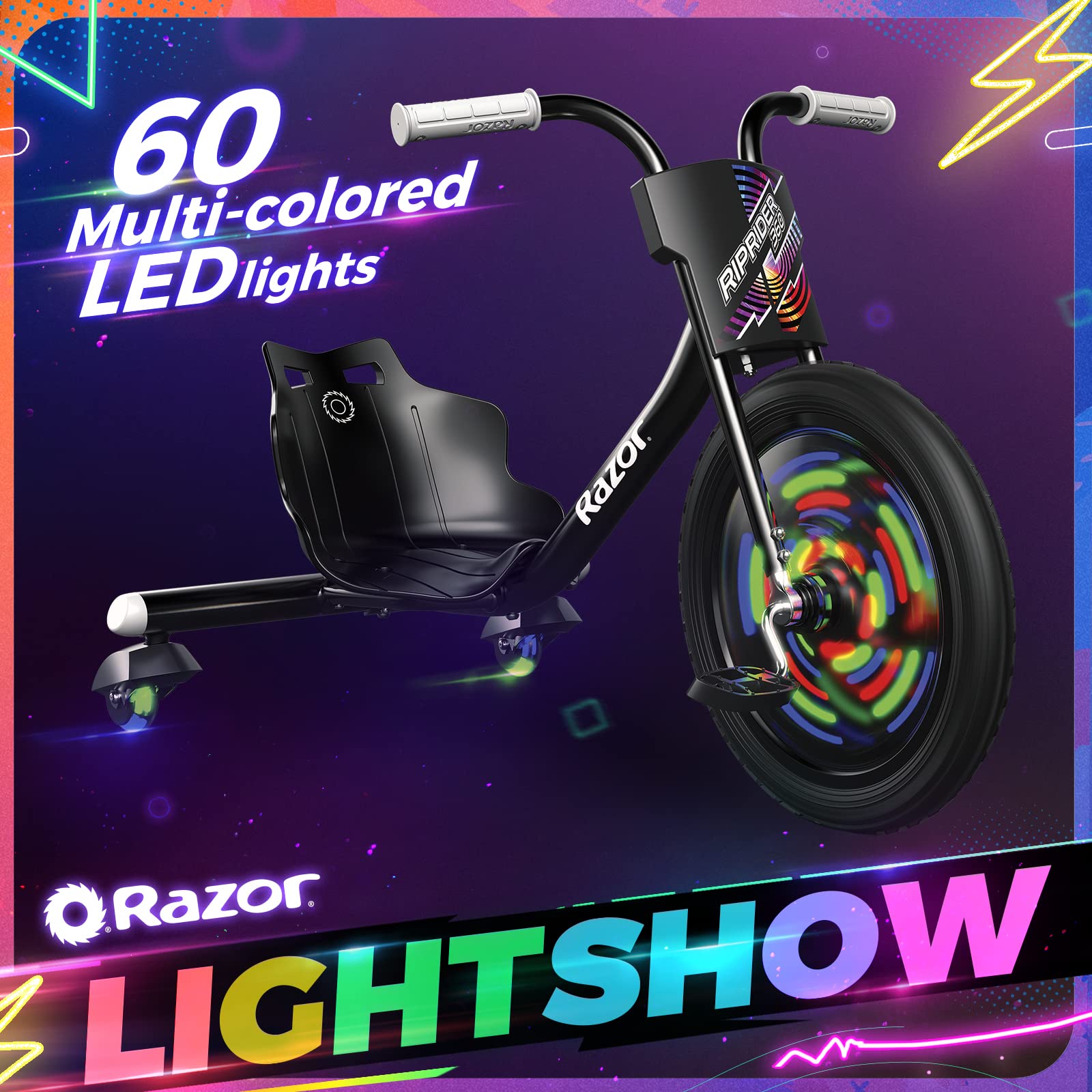 Razor RipRider 360 Lightshow Drifting Tricycle for Kids - Black - 3-Wheel Scooter with LED Light Show - Perfect for Outdoor Play, Backyard Fun & Neighborhood Rides