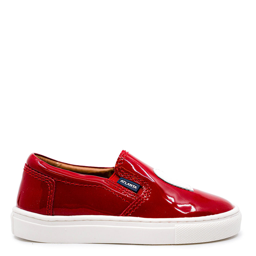 Atlanta Moccasin Sneakers - Red & White Heart Patent Leather Slip-On Shoes for Women | Casual Comfort Walking Shoes for Work, Travel & Everyday Wear