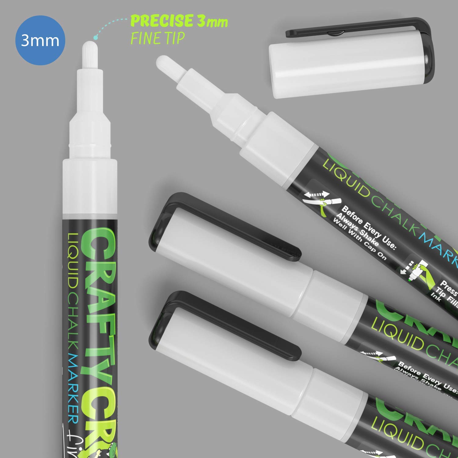 Fine Tip Chalk Markers - 3mm Precision Tip, 4 White Erasable Dustless Liquid Chalk Pens - Non-Toxic Water-Based Ink for Chalkboards, Windows, Glass & DIY Crafts