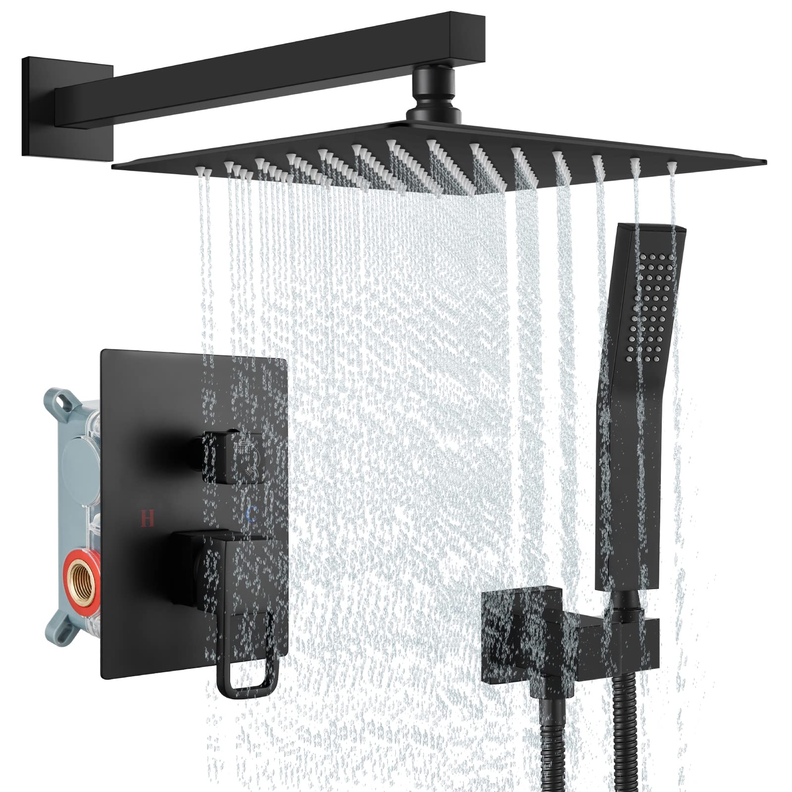 Gotonovo Matte Black 12 Inch Rainfall Shower System Set with Handheld Shower, Wall Mount Mixer & Rough-in Valve - Modern Bathroom Fixture Kit for Spa-Like Relaxation & Luxury Shower Experience