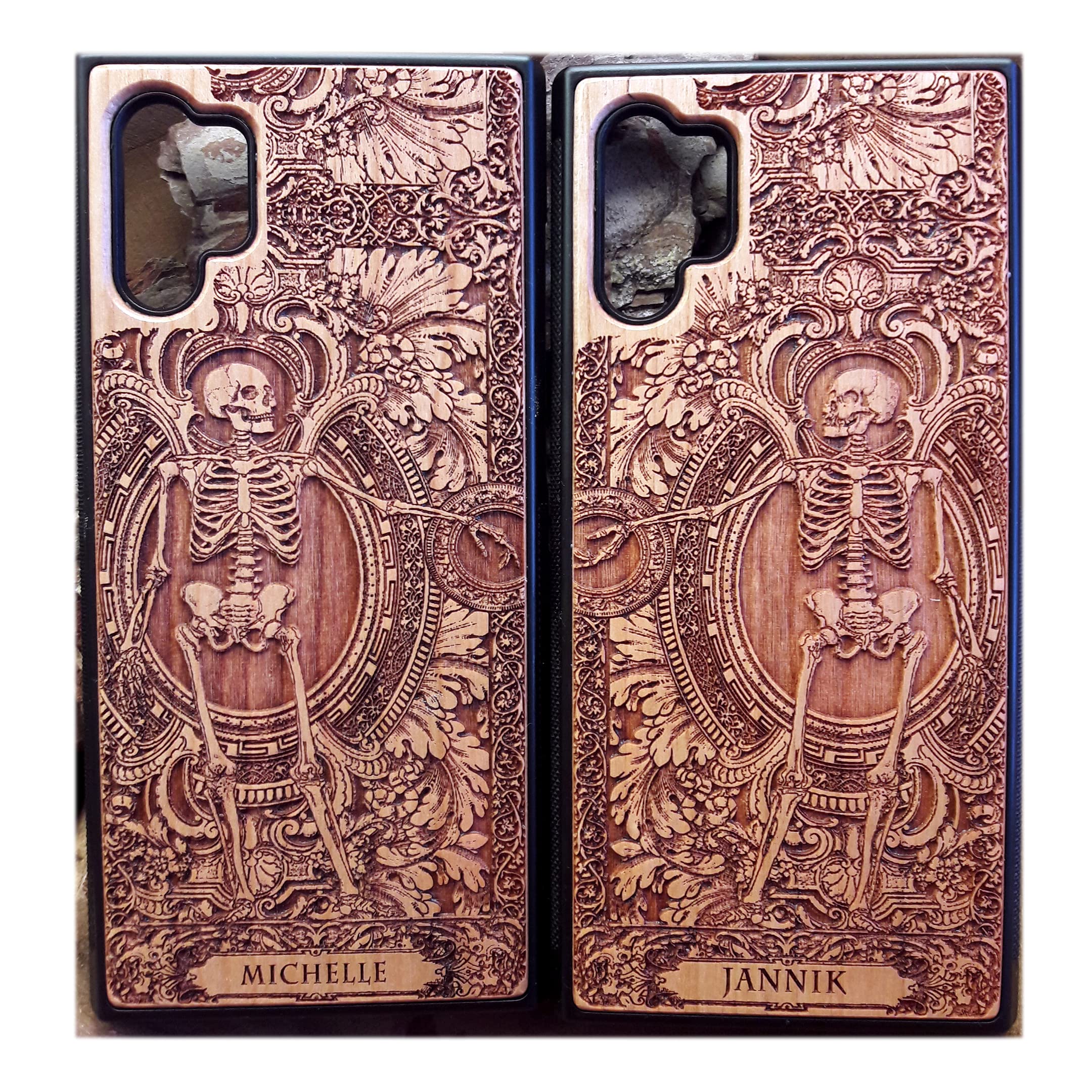 Custom Engraved Wooden Phone Case for iPhone 16/15/14/13/12/11 Pro Max Mini & Galaxy S25/S24/S23/S22/S21/S20 Ultra Plus - Personalized Skeleton Couple Design 'Till Death Do Us Part' - Eco-Friendly Slim Durable Wood Cover - Perfect for Couples, Anniversaries & Romantic Gifts