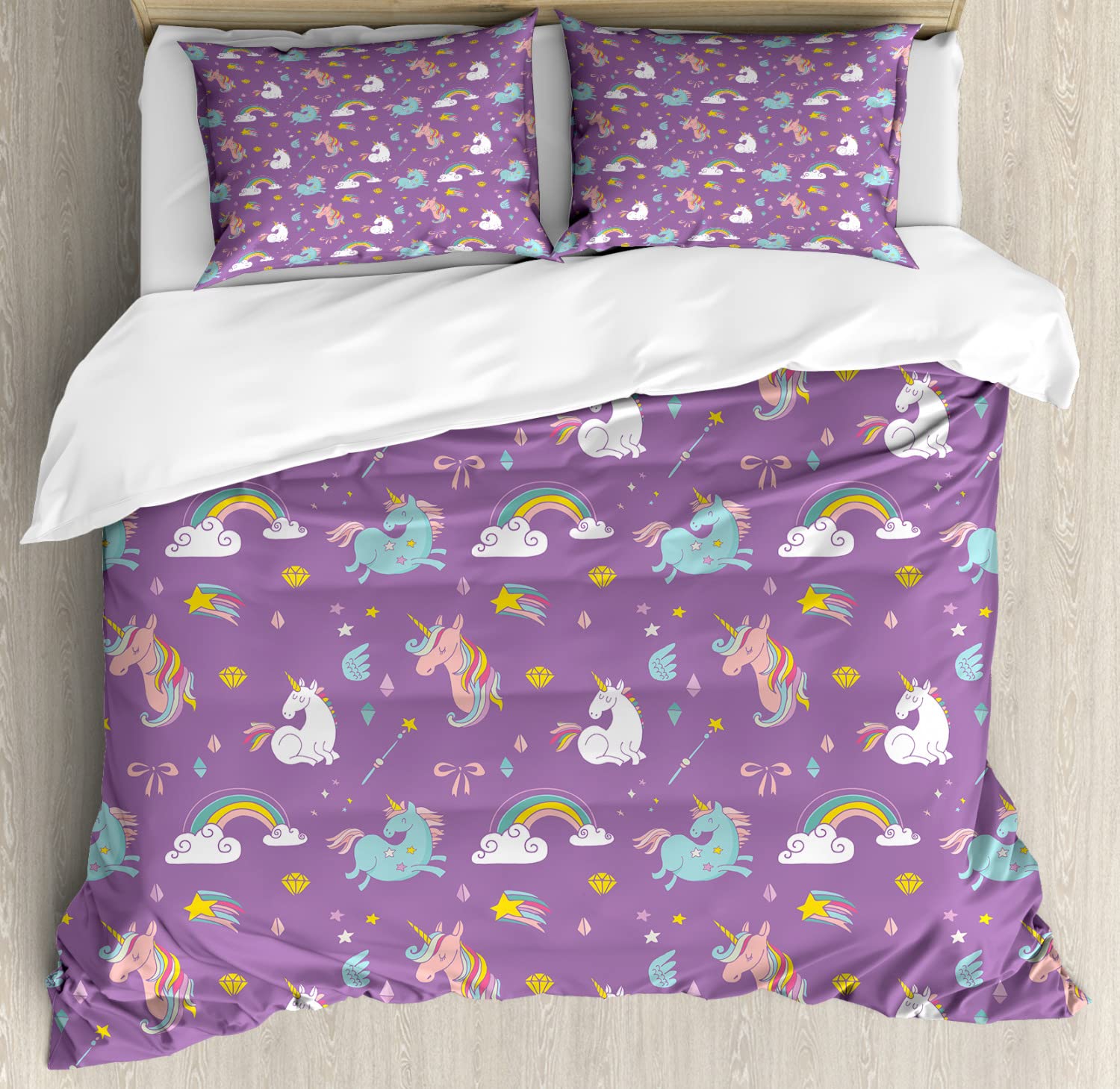 Ambesonne Magic Duvet Cover Set - Unicorn & Rainbow Diamond Wand Print Bedding for Girls | 2 Duvet Covers & 4 Pillowcases | 2-Pack King Size Multicolor | Perfect for Kids' Bedrooms & Fantasy Themed Decor
