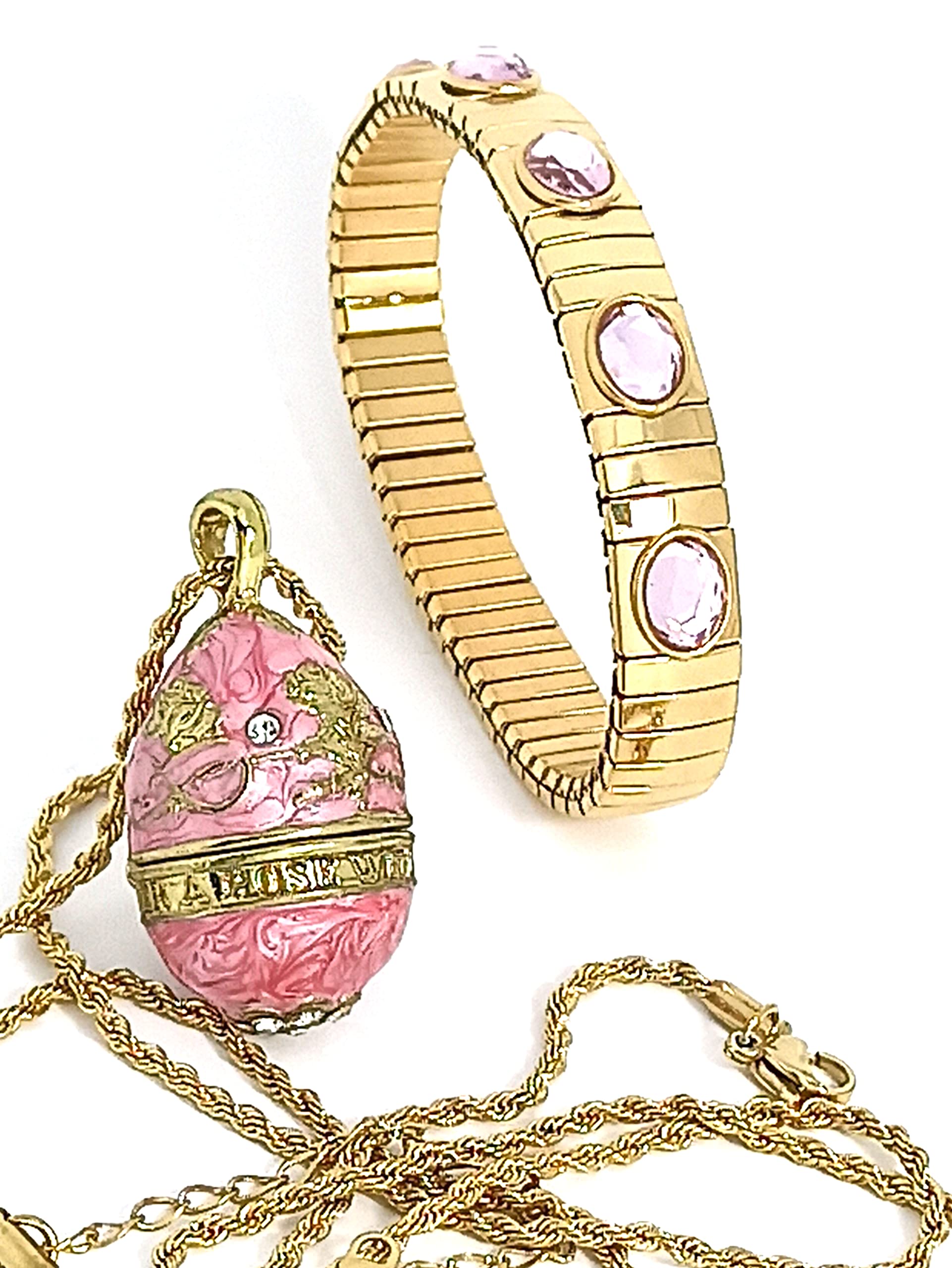 Handmade Fabergé Egg Jewelry Set - 24K Gold Russian Egg Pendant Necklace & Bracelet with 23.5