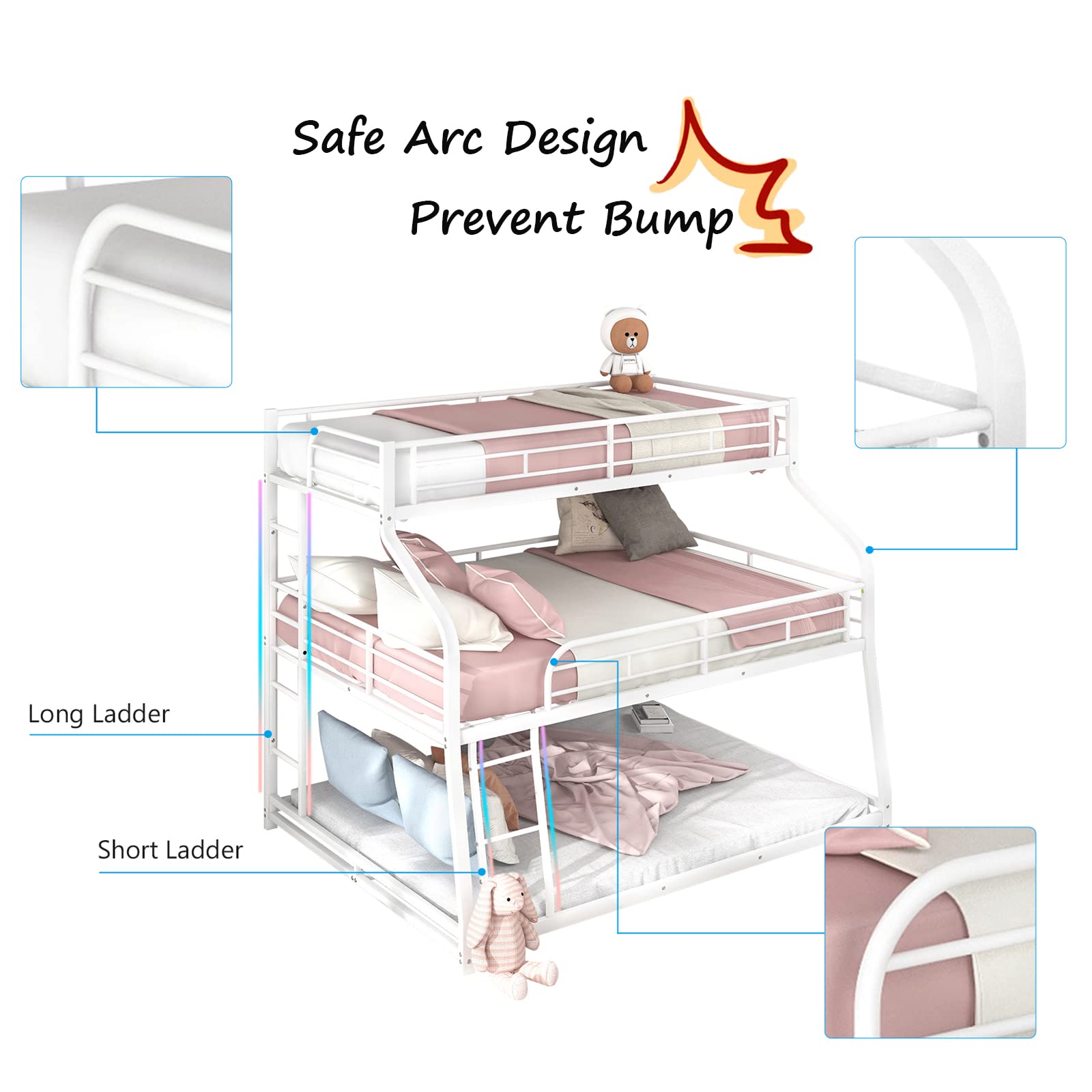Hommoo Twin Over Full Over Queen Triple Bunk Bed with 2 Ladders - Sturdy Metal Steel Frame - Space Saving 3 Tier Bunk Bed for Kids & Adults - White - Perfect for Dormitories, Hostels & Small Bedrooms