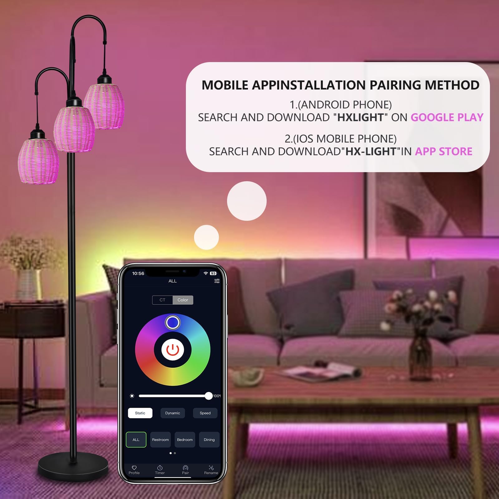 RGB Boho Floor Lamp for Living Room & Bedroom - Dimmable Rattan 3-Light Standing Lamp with App & Remote Control, Includes 3 RGB LED Bulbs | Perfect for Farmhouse Decor, Mood Lighting & Cozy Ambiance