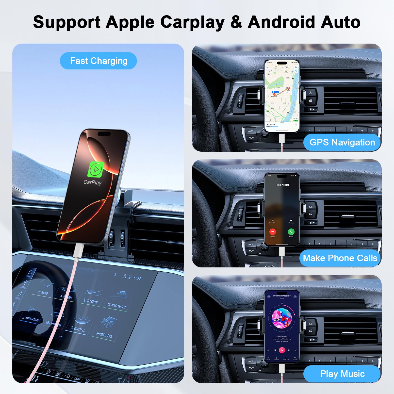 3-Pack 60W USB A to USB C Woven Fast Charging Cable - Compatible with iPhone 16 Pro Max/16/16 Plus/16 Pro/15/15 Plus/15 Pro/15 Pro Max - 6FT Pink CarPlay Charging Cord for Car, Home & Office Use