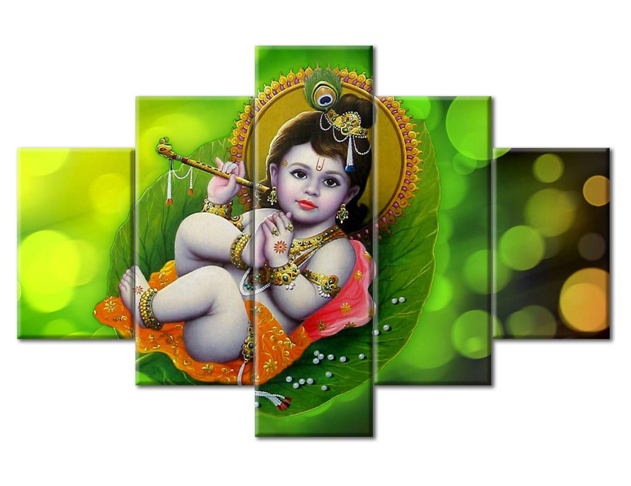 Lord Krishna Wall Art Decor - 5 Piece Framed Canvas Print Set (60''W x 40''H) - Modern Indian God Paintings for Living Room, Bedroom & Home Decor - Ready to Hang Spiritual Artwork - Perfect for Meditation Spaces, Yoga Rooms & Hindu Temples