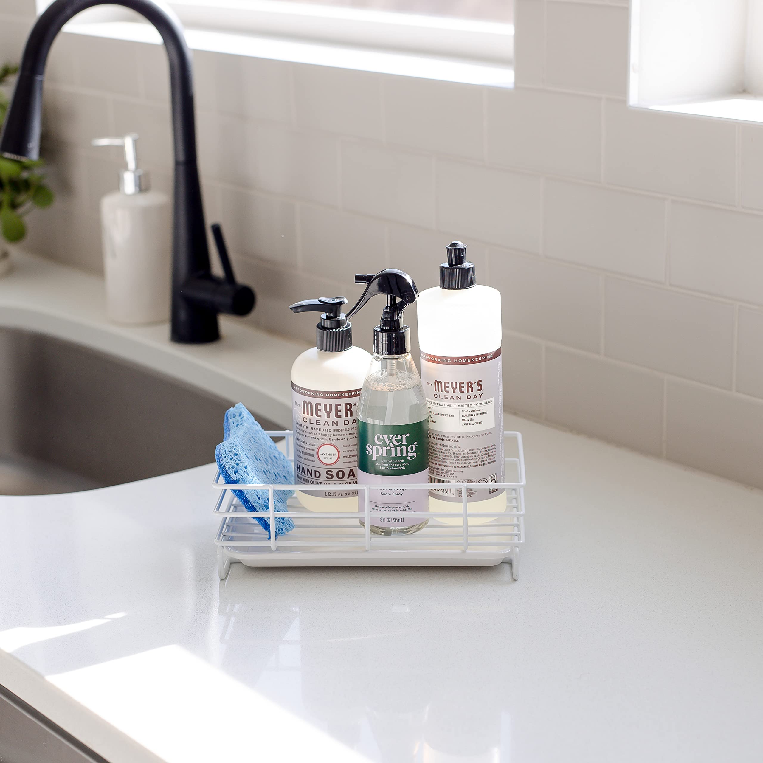 Large White Kitchen Sink Sponge Holder - Countertop Soap Tray Organizer for Bathroom & Kitchen