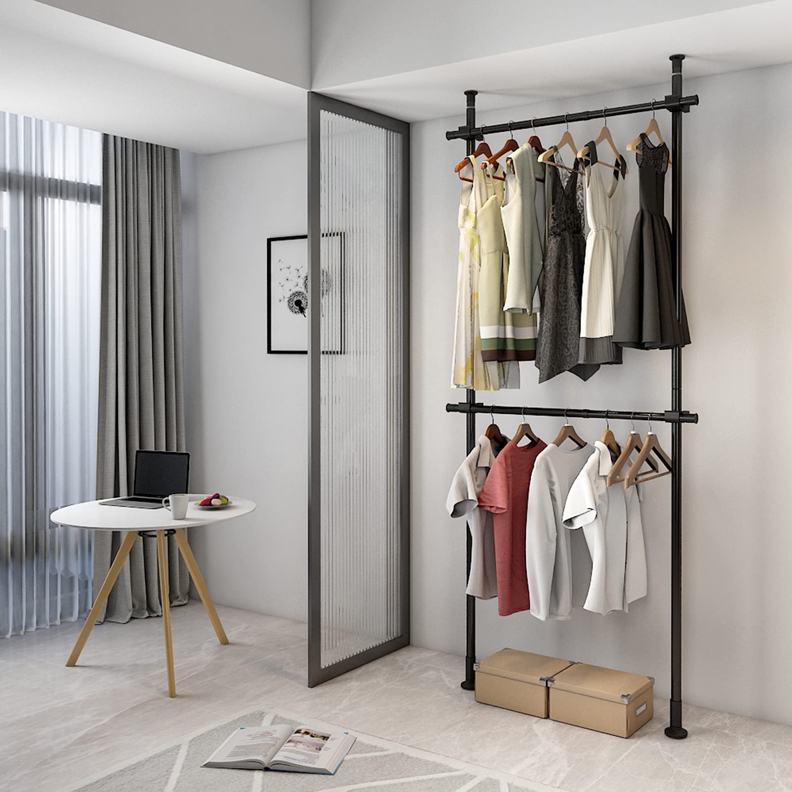 Stainless Steel Clothes Drying Rack - 2 Tier Adjustable Garment Rack with Floor to Ceiling Pole, No Punch Installation, Portable Closet Organizer for Bedroom & Living Room - Perfect for Small Spaces, Apartments, Laundry Rooms & Dorm Organization