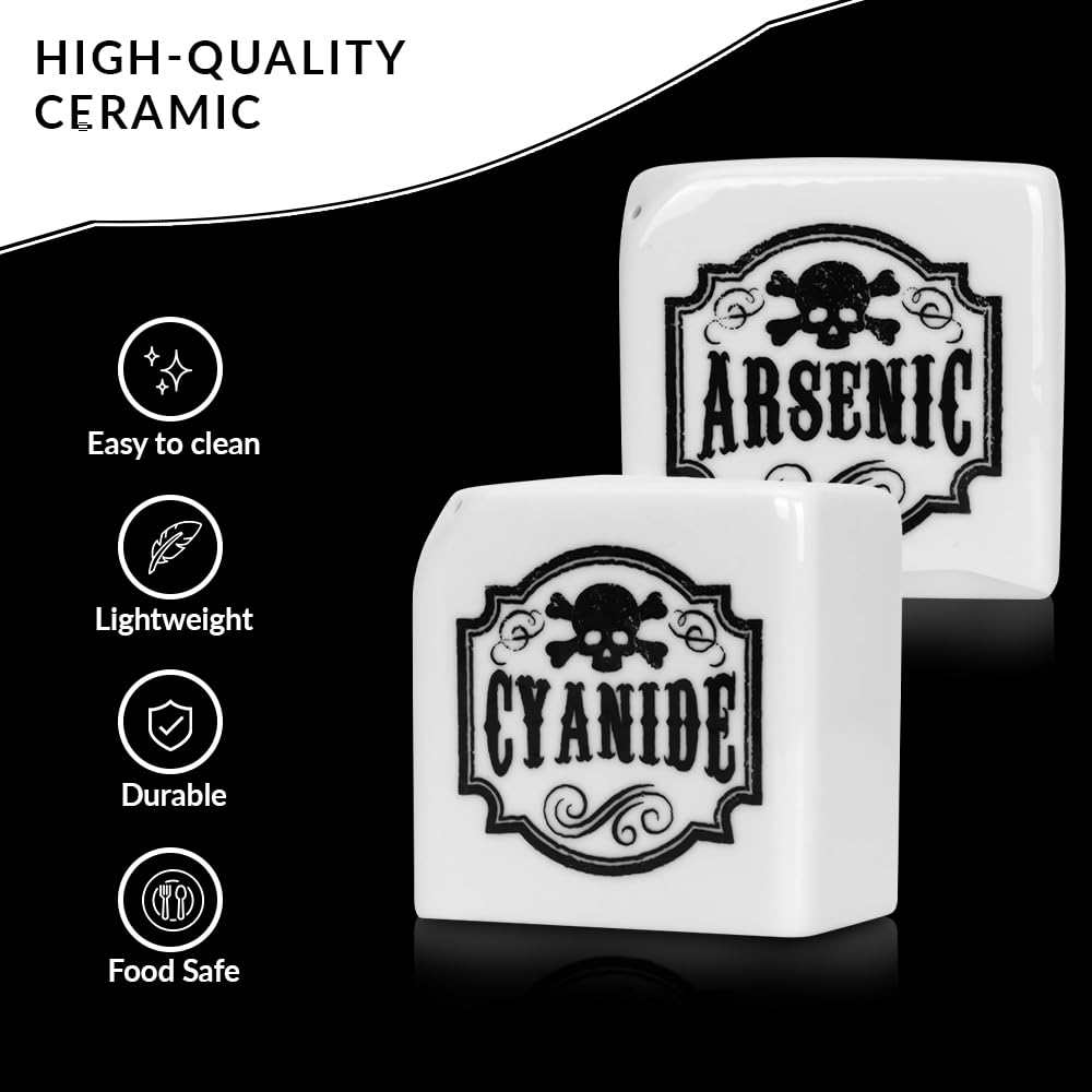 Funny Halloween Salt and Pepper Shakers - Arsenic & Cyanide Gothic Kitchen Decor for Spooky Witch Themed Parties, Goth Home Accessories, Unique Oddities & Curiosities - Perfect for Gothic Dinnerware & Halloween Table Settings (White)