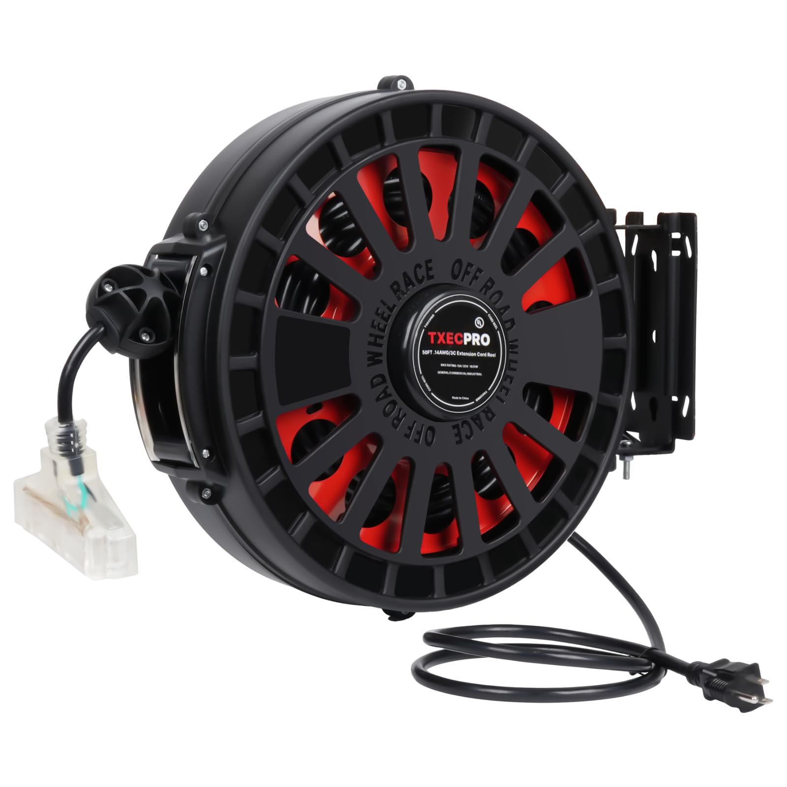 12 Gauge Retractable Extension Cord Reel - 45 FT Heavy Duty 12 AWG/3C SJTOW Power Cord with 3 Outlets, 15 AMP, Wall/Ceiling Mount - UL Listed for Garage, Workshop, and Home Use